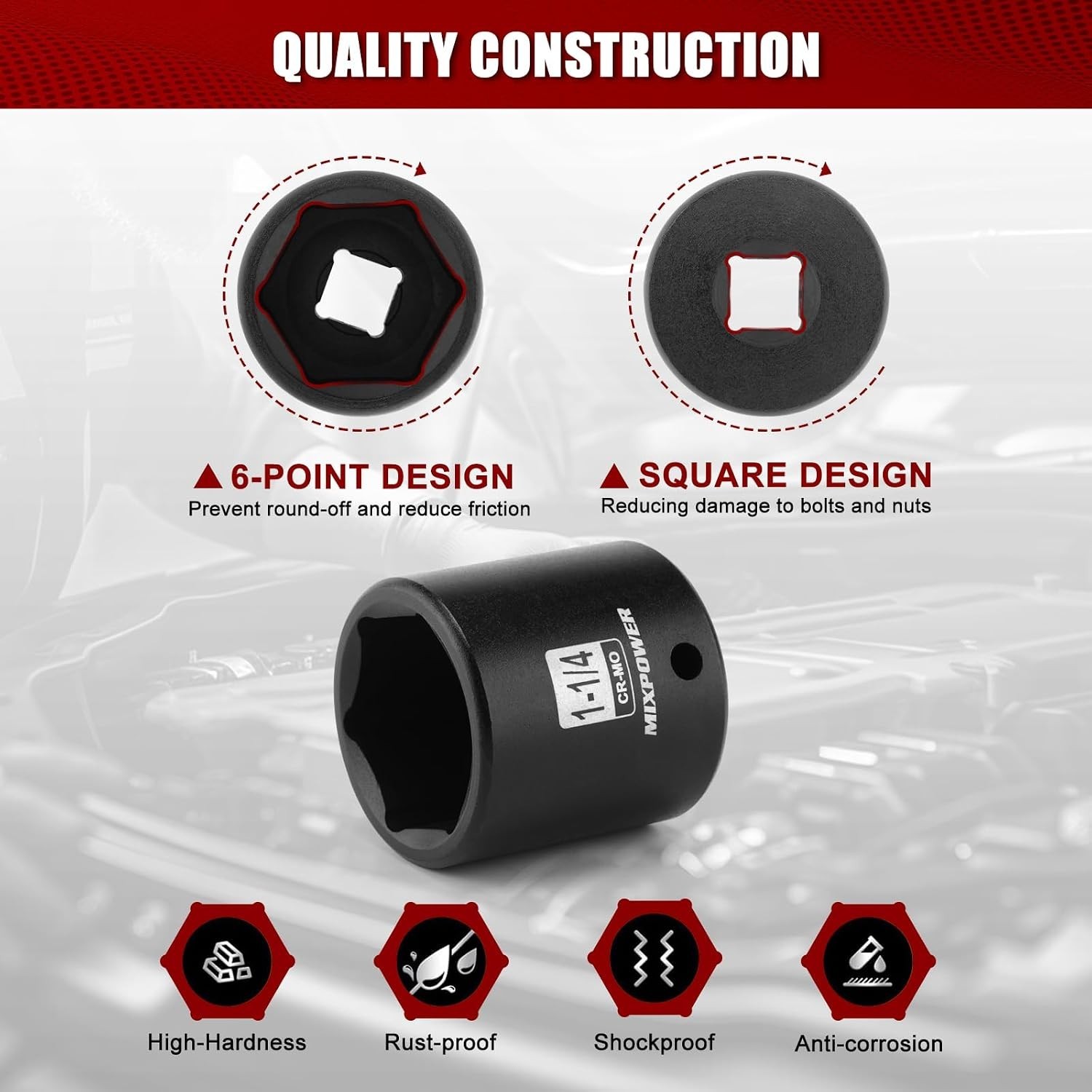 6 Point 1-1/4″ Axle Nut Impact Socket – 1/2″ Drive, High Torque, Polished Finish