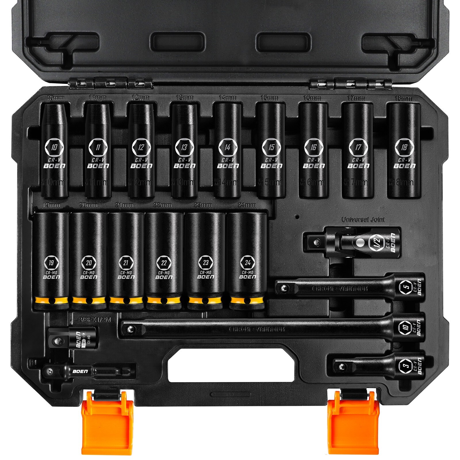 BOEN Pro 1/2″ Drive Metric Deep Impact Socket Set, 21-Piece CR-MO &CR-V Steel