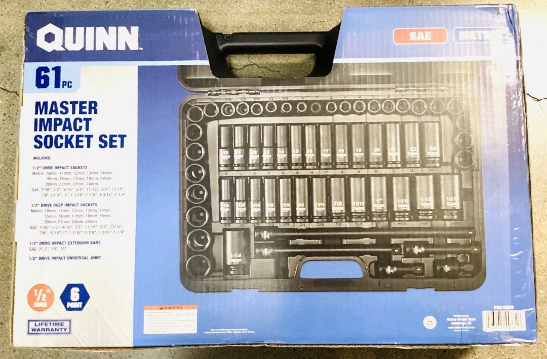 Quinn 58680 61-Piece 1/2″ Drive SAE & Metric Master Impact Socket Set With Case