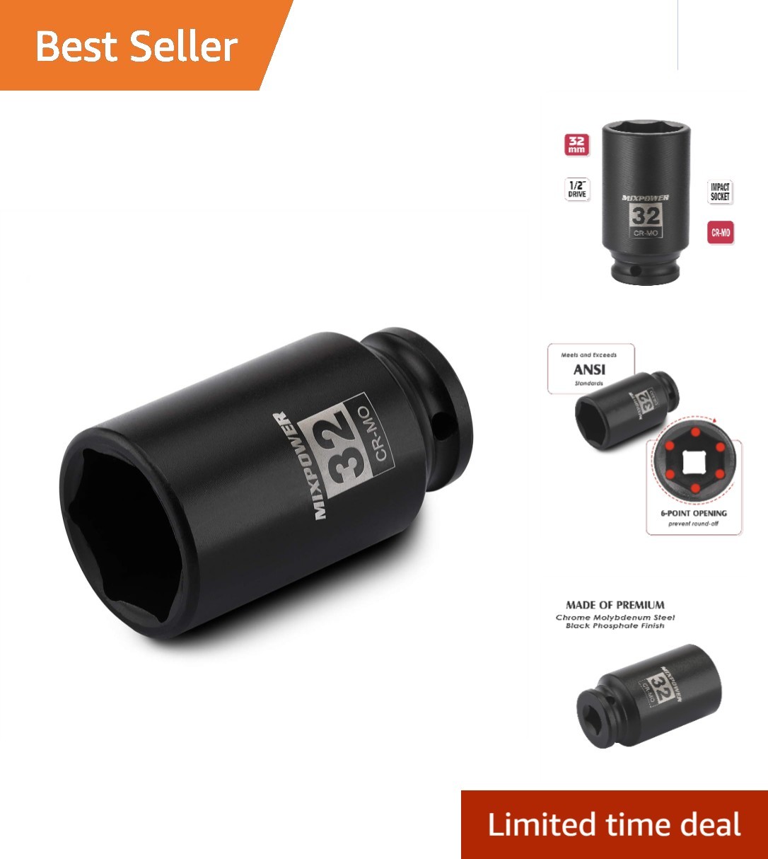32mm Chrome Molybdenum Steel Deep Socket – 1/2″ Drive 6-Point for Impact Drivers
