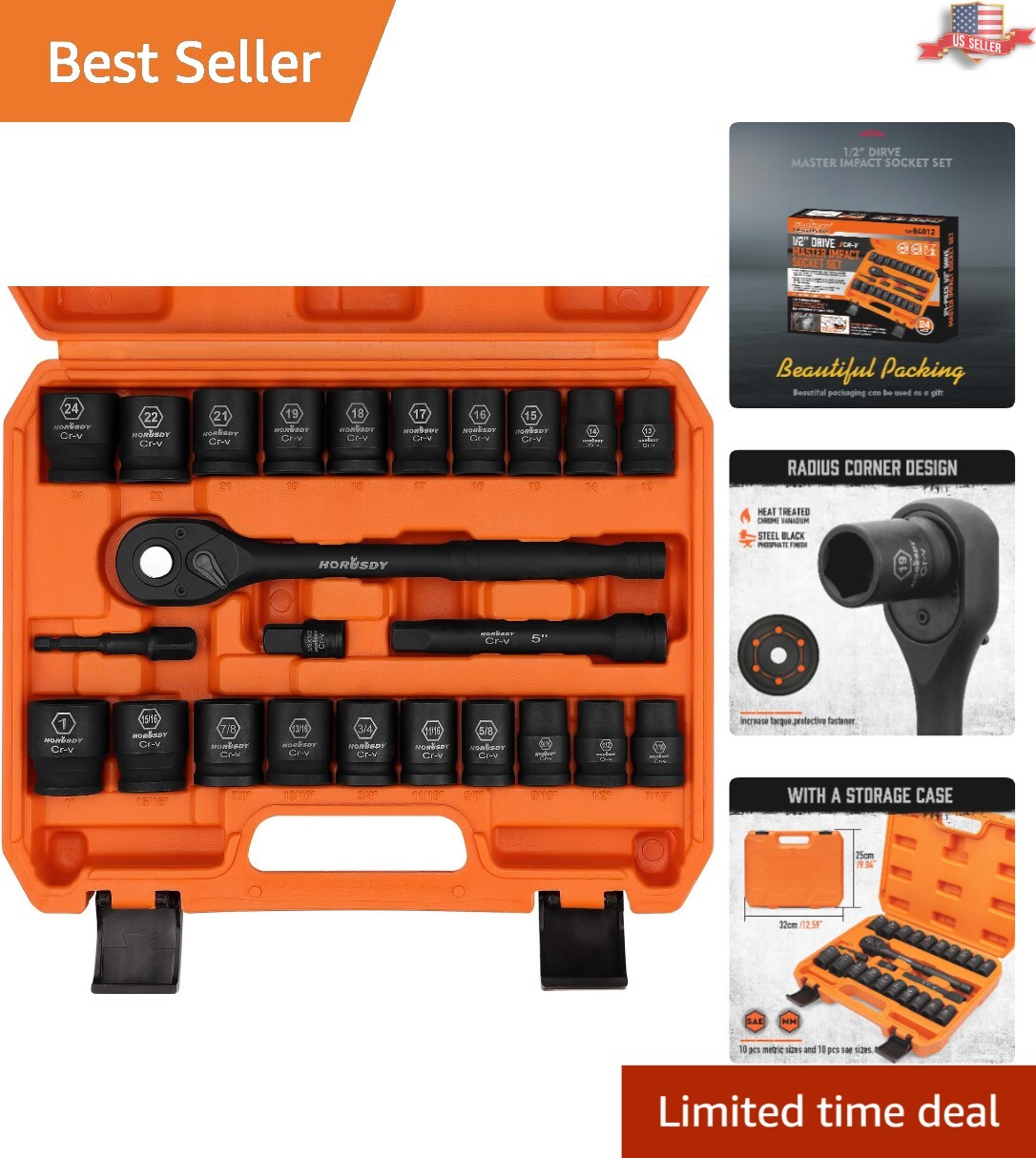 Versatile 1/2-Inch Drive Impact Socket Set with Clear Size Markings – 24 Pieces