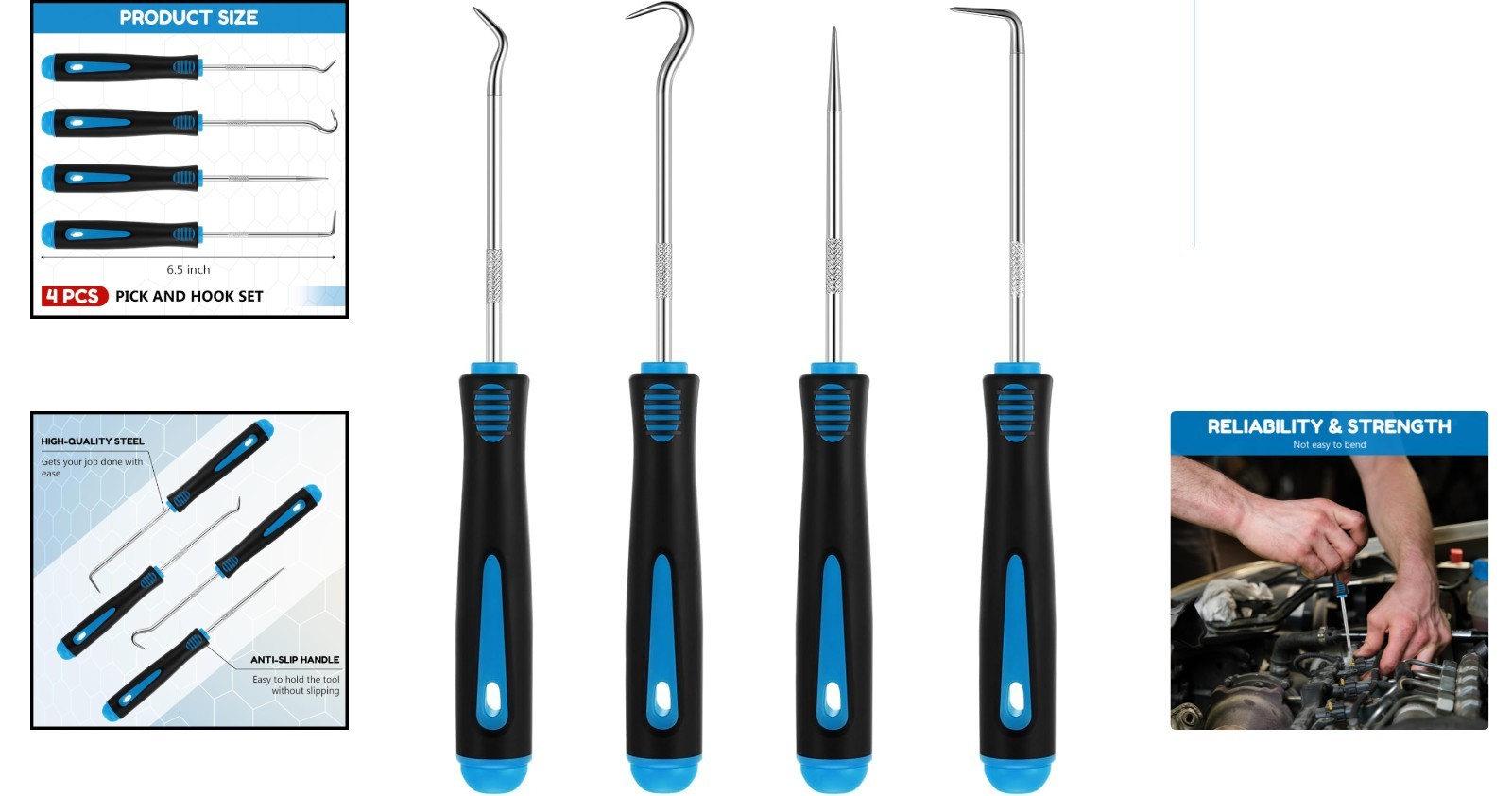 Versatile 4-Pcs Hook and Pick Tool Set with Non-Slip Grip – 6.5 inch Light Blue