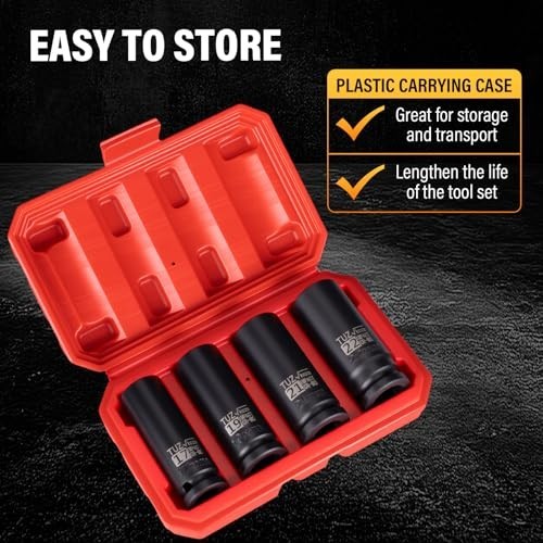 4-Piece 1/2″ Drive Deep Impact Socket Set – Metric 17mm 19mm 21mm 22mm, Cr-Mo, 6