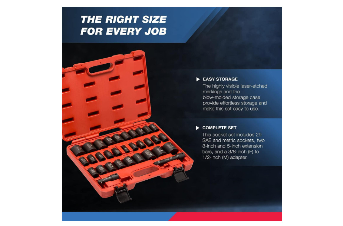 Neiko 1/2″ Drive Master Impact Socket Set, SAE (3/8″-1 1/4″) & Metric (10-32mm)