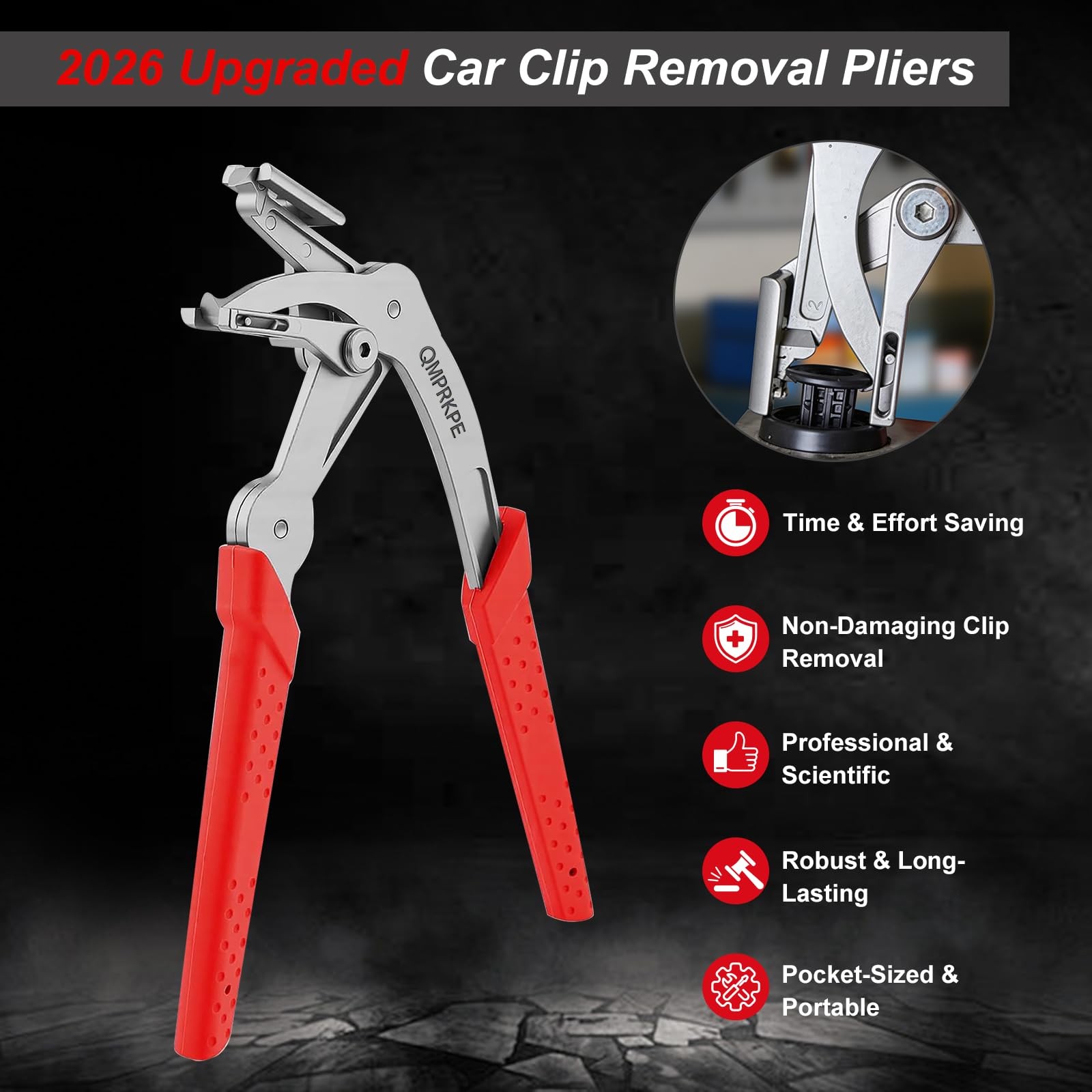 QMPRKPE Car Clip Pliers, 2026 Upgraded Spring-Loaded Panel Universal Fit, Red
