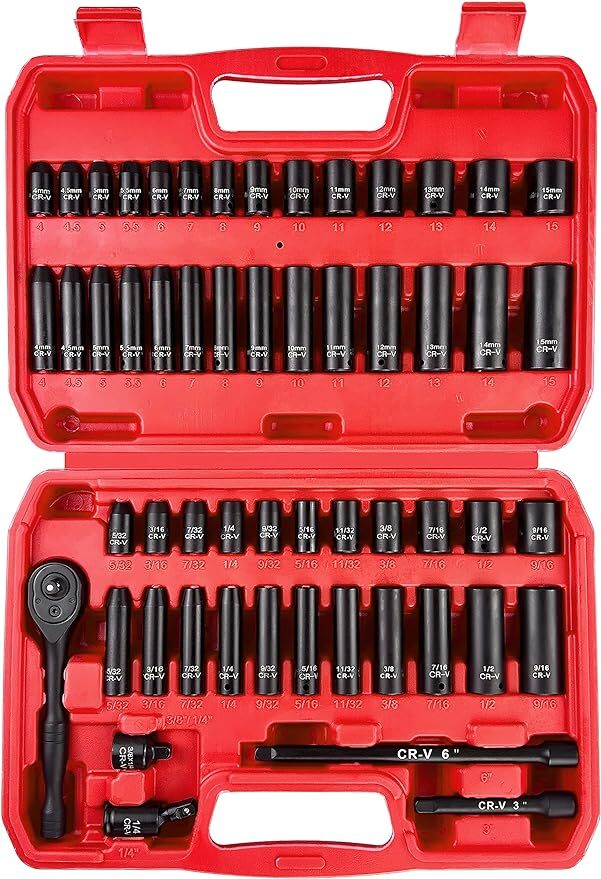 55pc 1/4″ Drive Impact Socket Set,SAE and Metric,Deep/Shallow Sockets Wrench Set