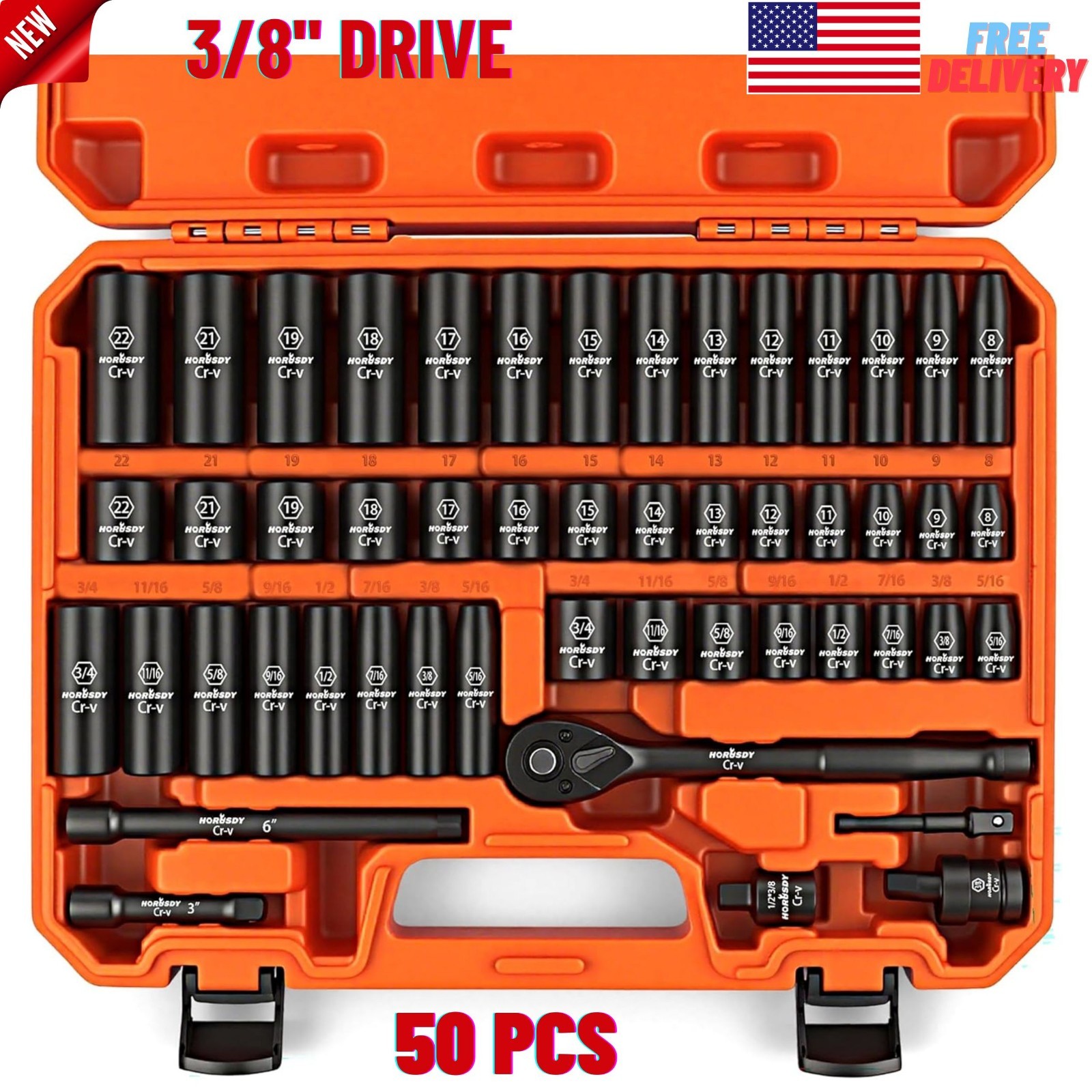 50 Pcs 3/8″ Drive Impact Socket Set, SAE 5/16″ to 3/4″ & Metric 8-22mm, 6 Point