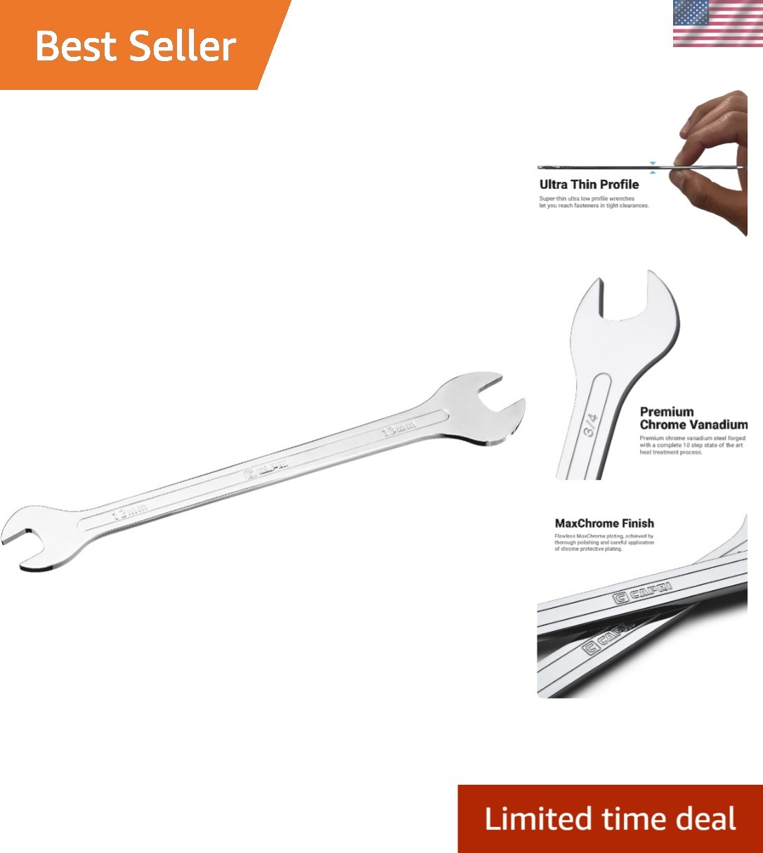 Durable Chrome Vanadium 12mm x 13mm Open End Wrench – Low Profile Design