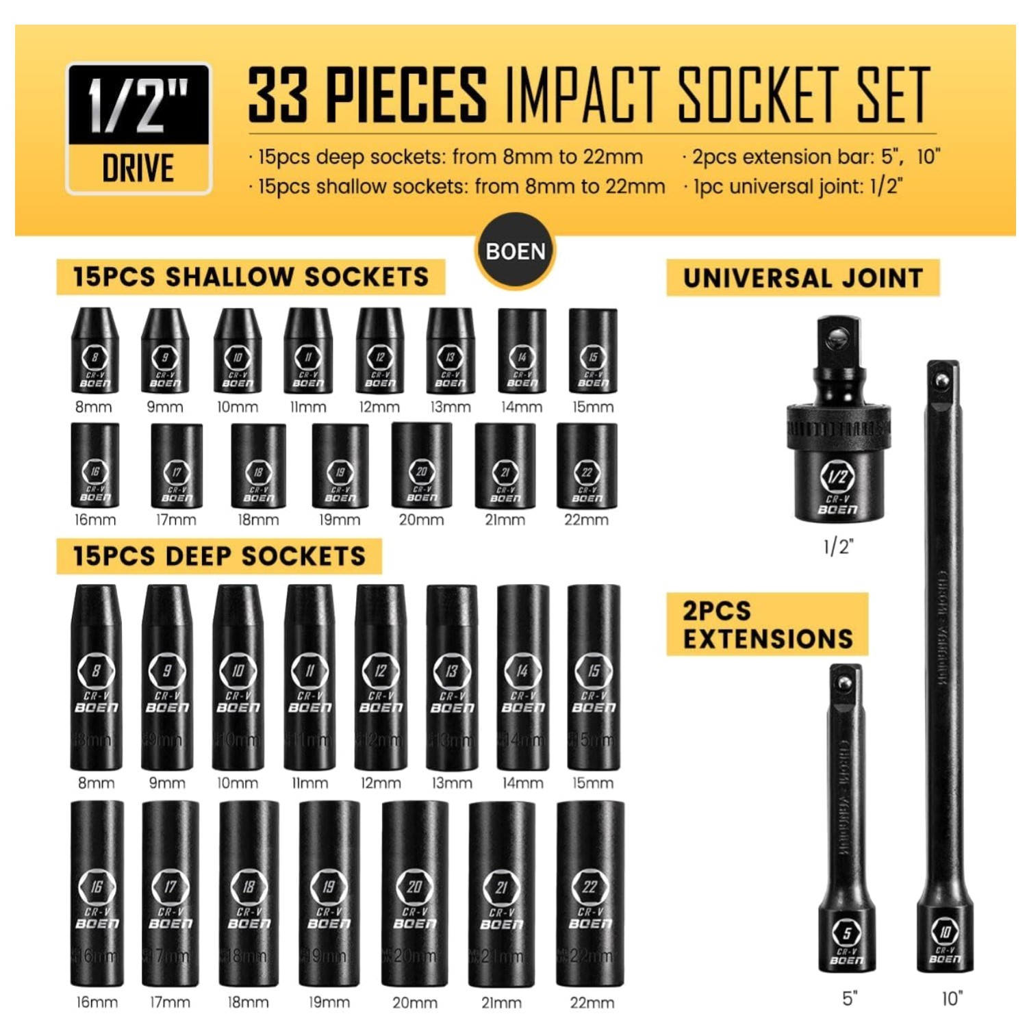 Essential 1/2″ Drive Socket Set – 33 Piece Deep & Shallow