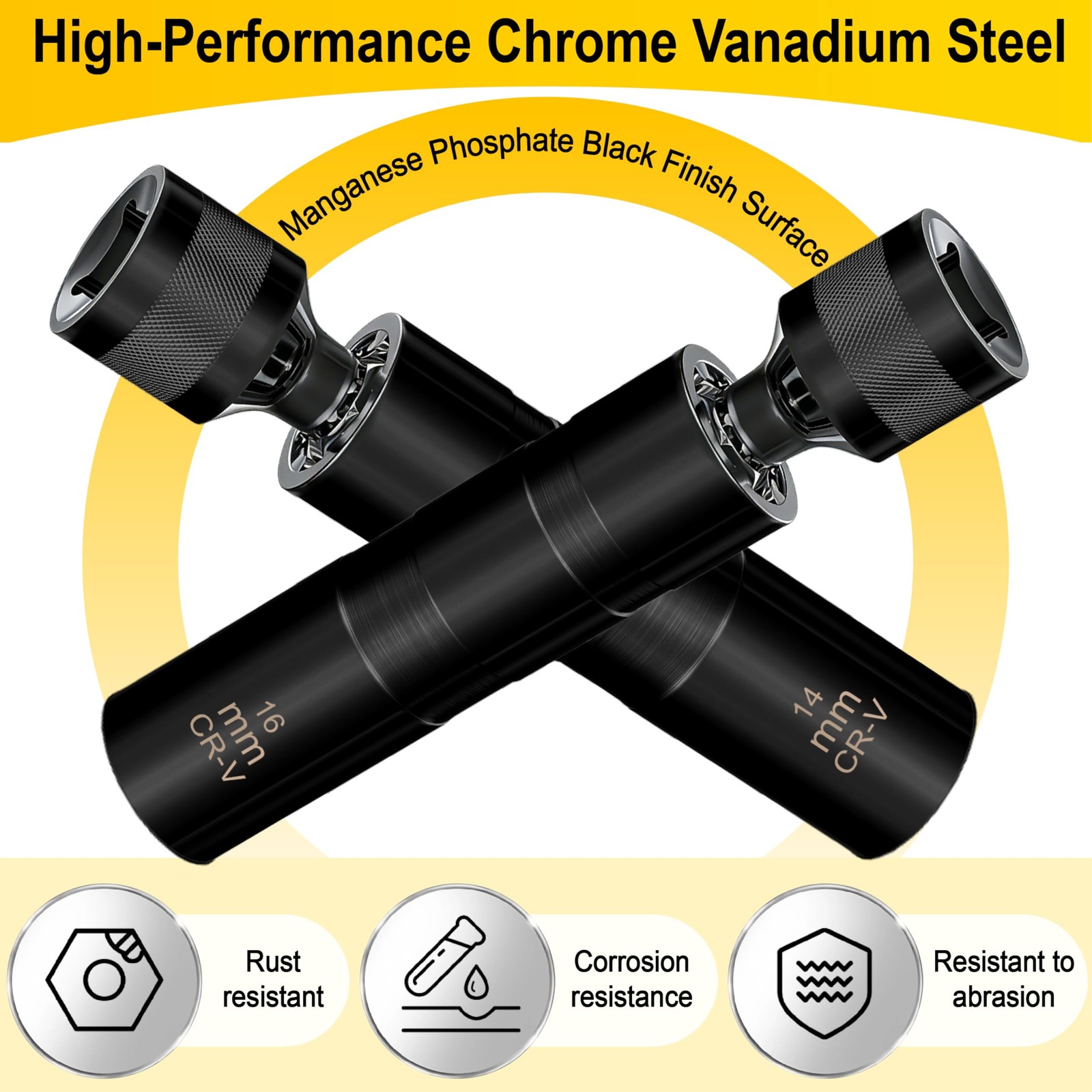 14mm&16mm Spark Plug Socket Set, Thin Wall 3/8″ Drive Black x 3.8″