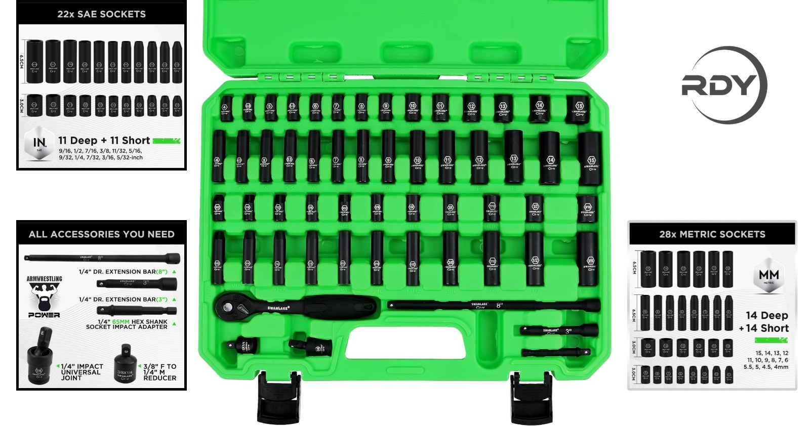 SWANLAKE 1/4″ Drive Impact Socket Set – 56-Pc SAE & Metric – Organized Storage