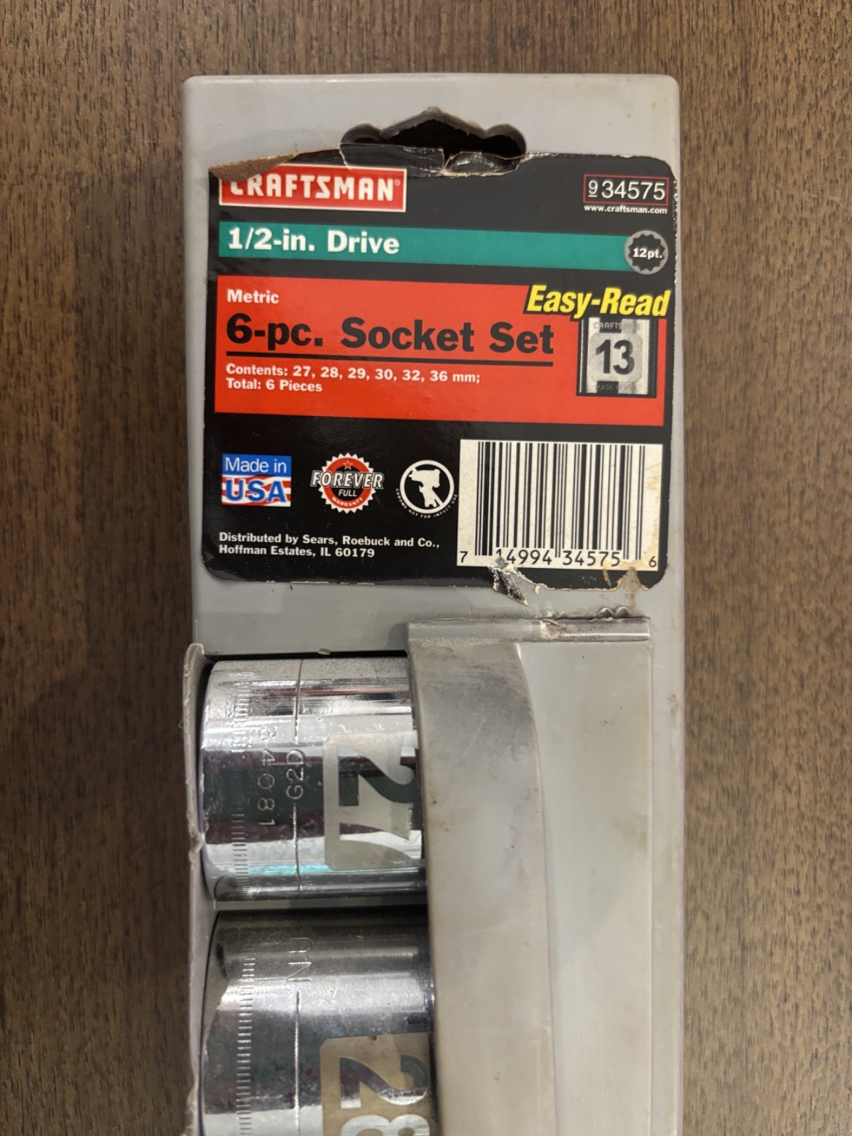 Sears Craftsman USA 1/2” Drive 6pc Metric Easy Read Socket Set 27-36mm 34575