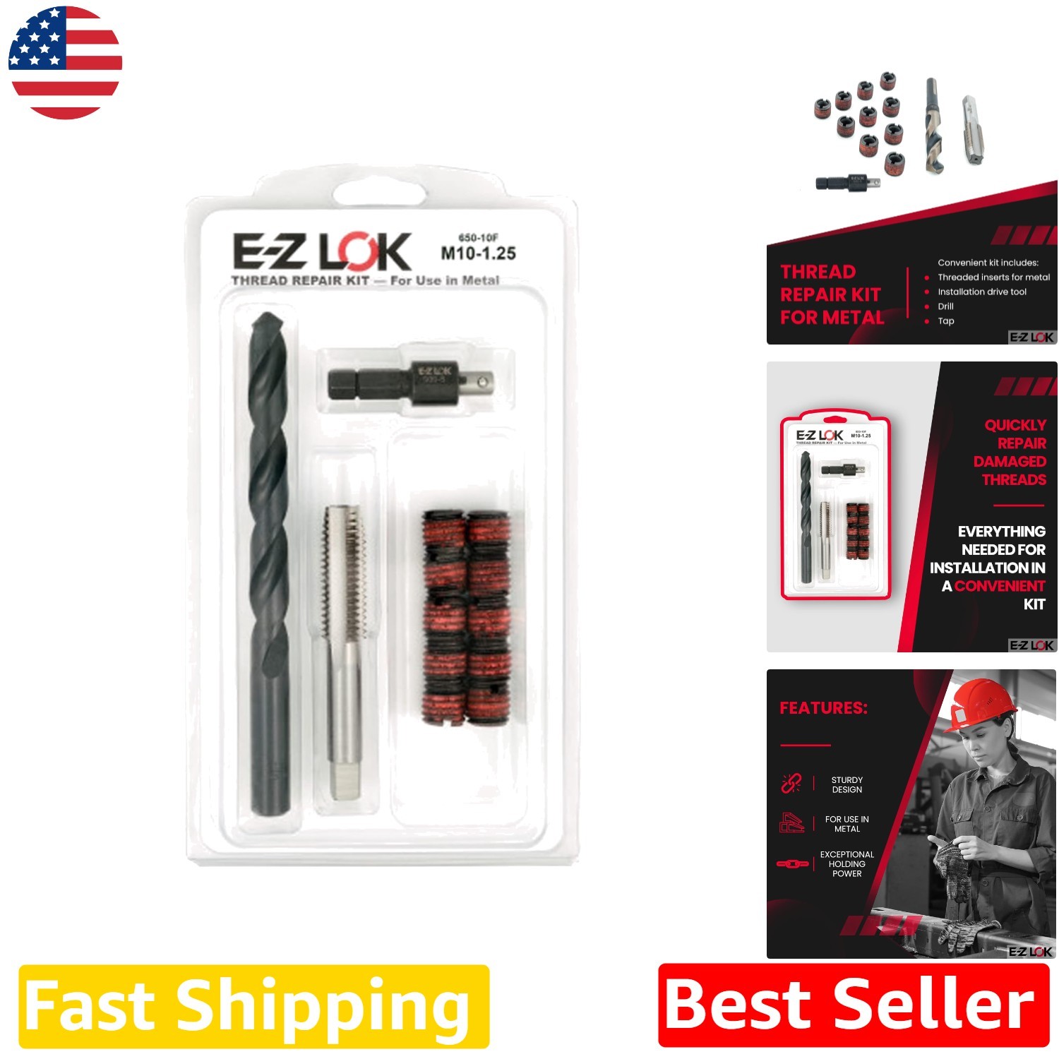 M10-1.25 Thread Repair Kit – Carbon Steel Inserts, 10pc Set, Pro Metal Repair