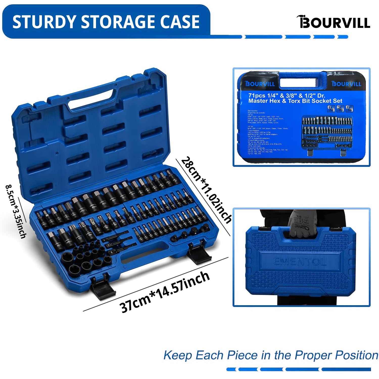 BOURVILL 71pcs Socket Set, 1/4″ 3/8″ 1/2″ Drive Metric SAE Sockets