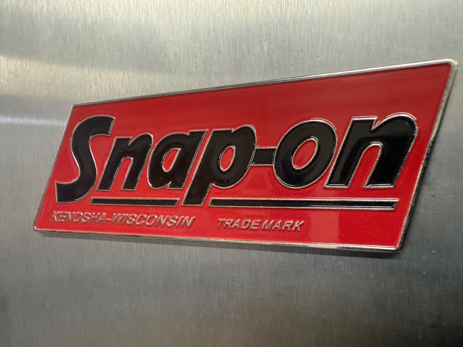 SNAP-ON Tools logo emblem VINTAGE Nameplate 1.5mm thick steel 5” x 2”.Rare.