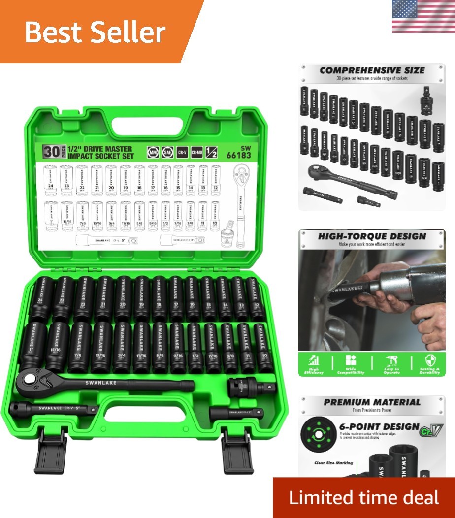 30-Piece Impact Socket Set 1/2″ Drive SAE Metric Deep Sockets Ratchet Bar