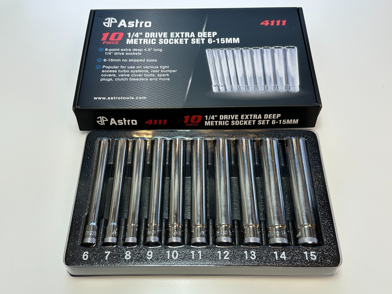 NEW ASTRO 10pc 4111 Extra Deep (4.5″ Long) Metric Socket Set 6mm-15mm 1/4″ Drive