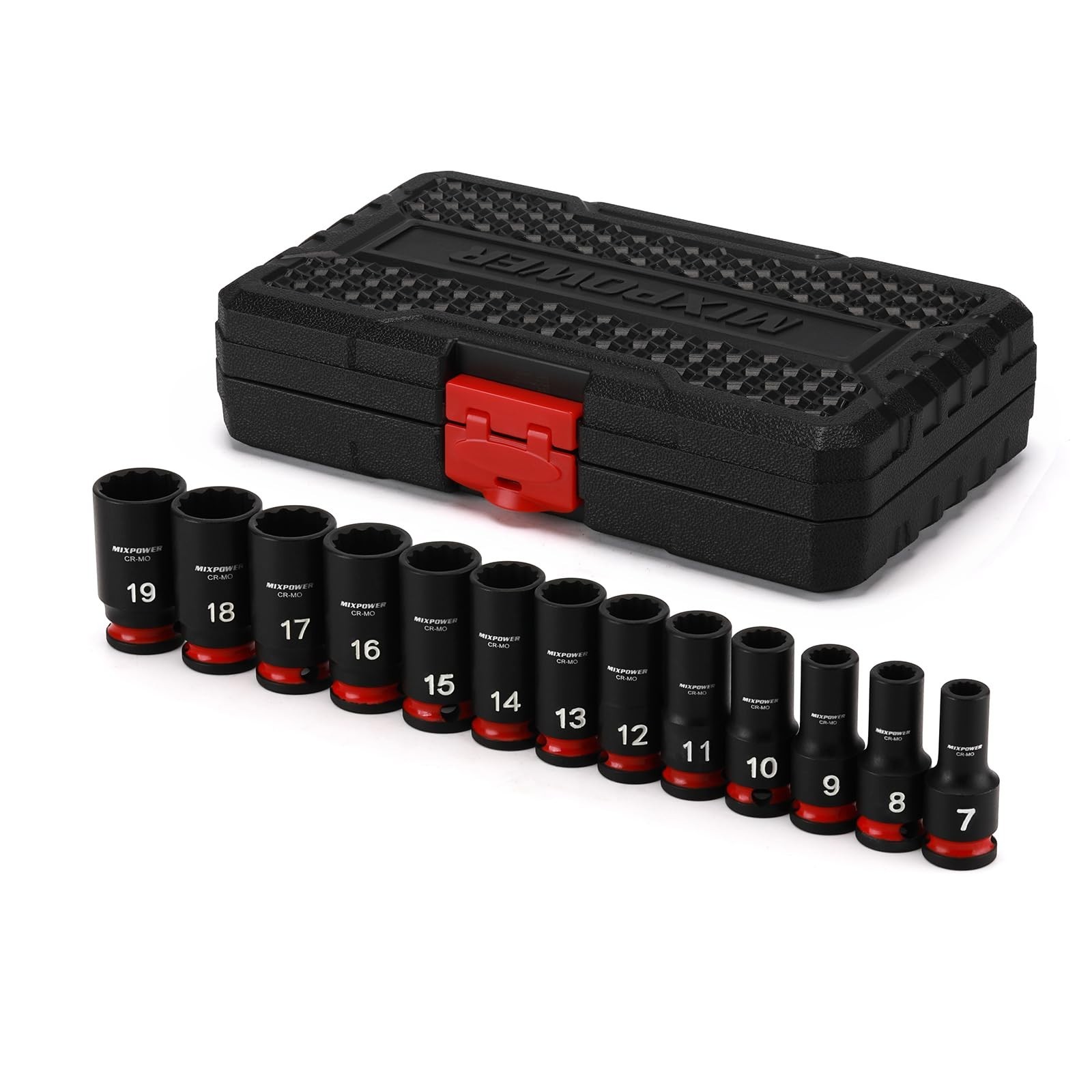 13-Piece 3/8″ Drive Metric Impact Socket Set, Semi-Deep 12 Point, 7-19mm, CR-MO