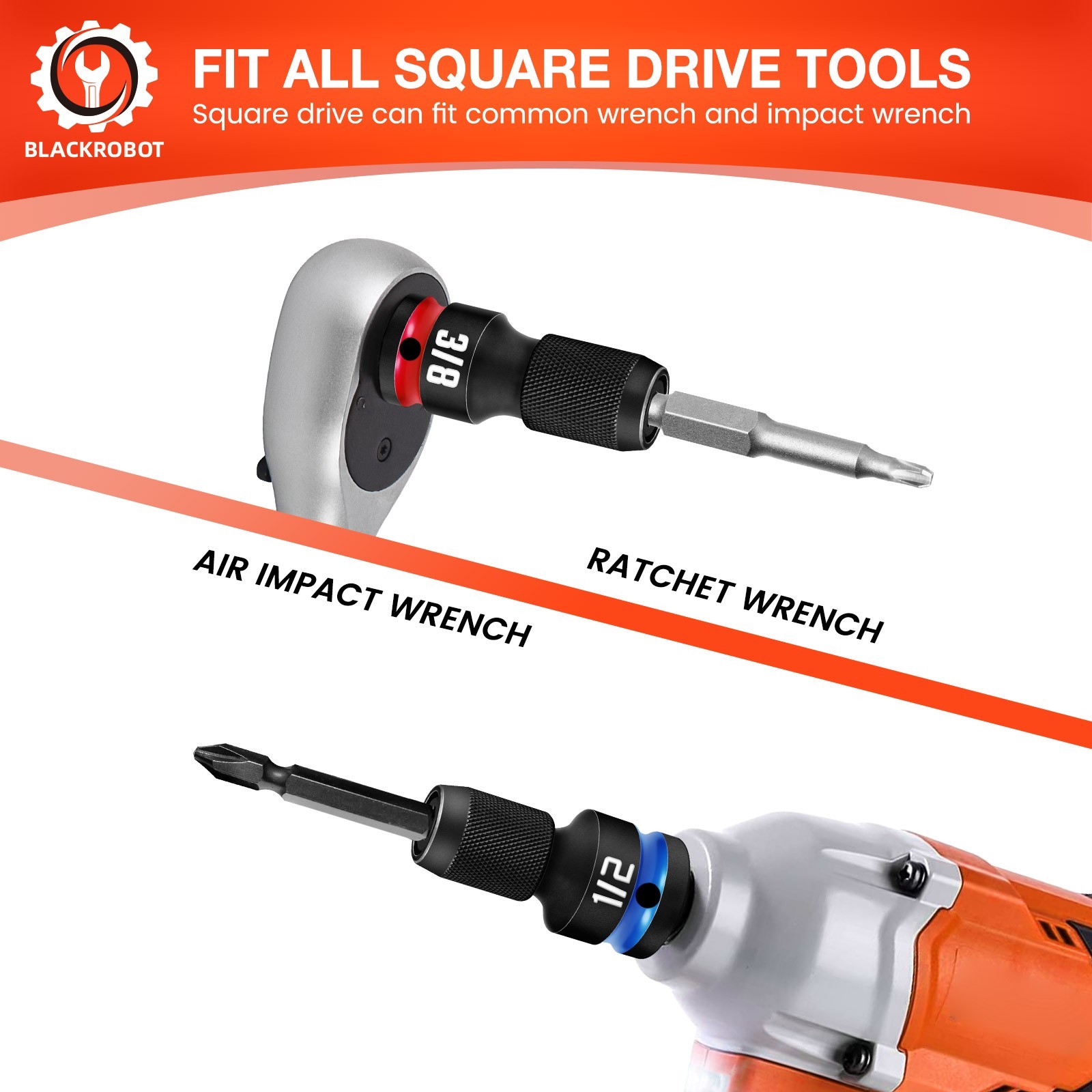 Impact Bit Holders 3/8 1/4 1/2-Inch Square Drive to 1/4-Inch Hex Socket Adapter