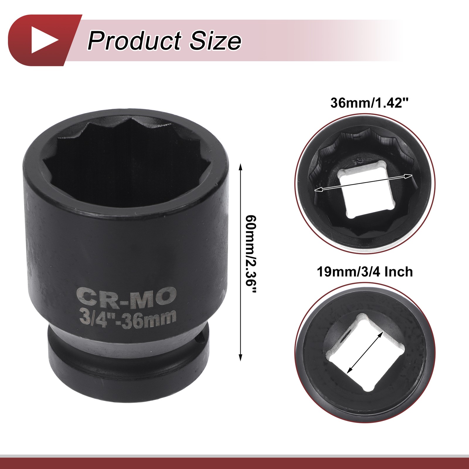 Universal 3/4 Inch Drive Impact Socket 36mm 12 Point High Carbon Steel 1 Pcs