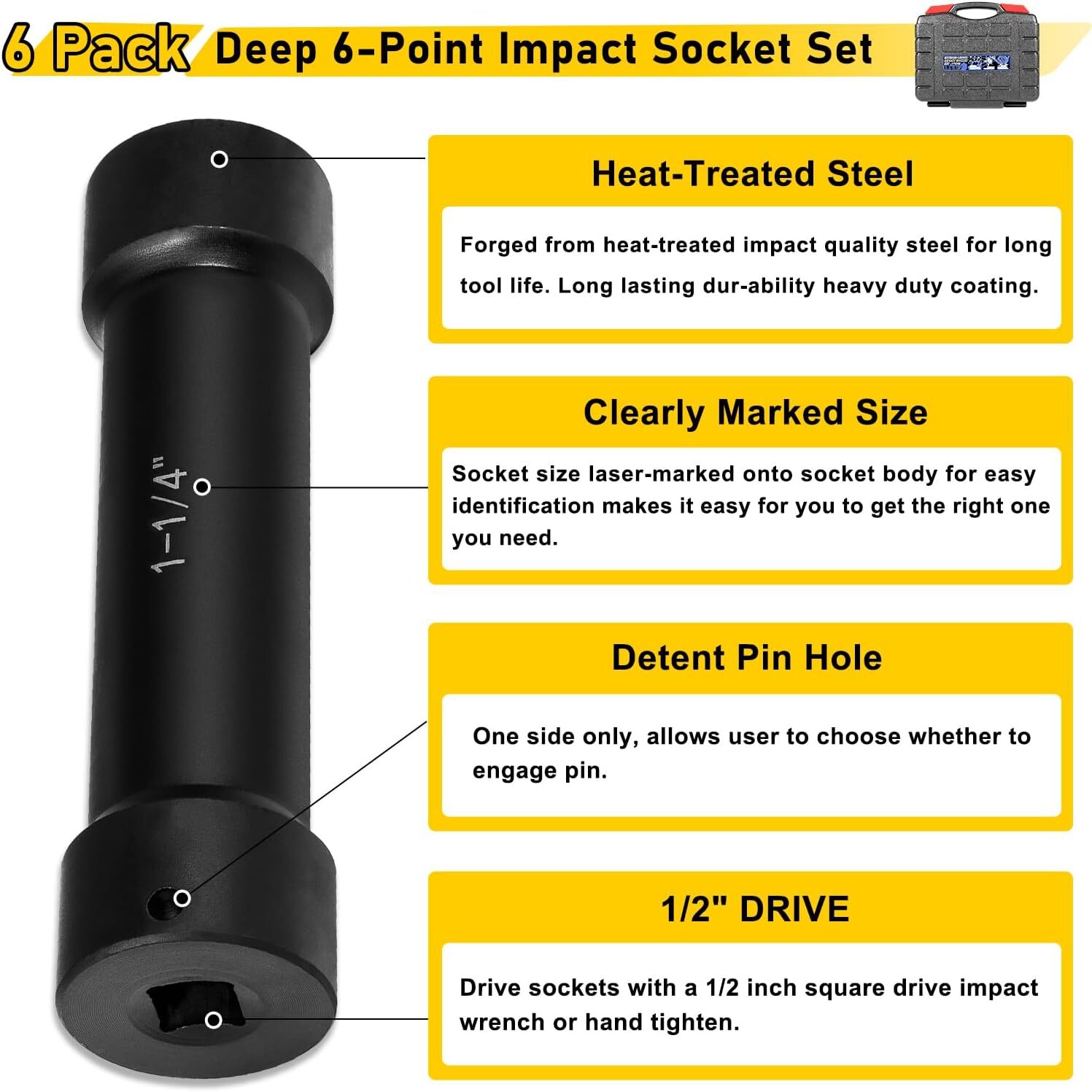 1/2 Inch Drive Extended Length Impact Socket Set 6 Sizes Heavy Duty with Case