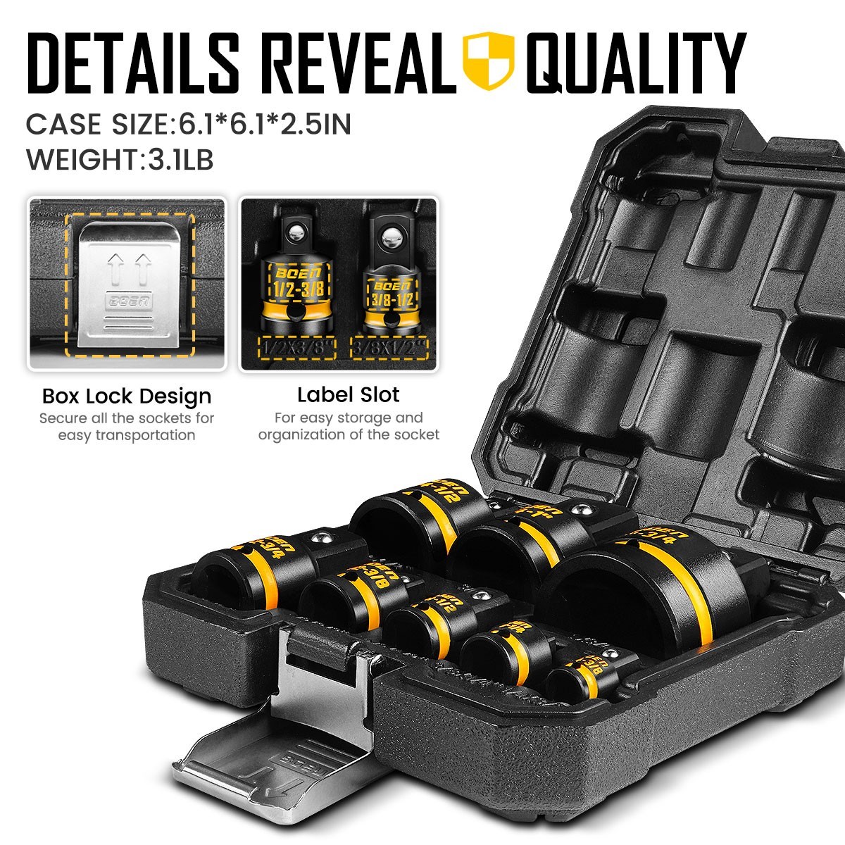 BOEN 8-Piece Impact Socket Adapter & Reducer Set, 1/4, 3/8, 1/2″, 3/4″, Cr-Mo