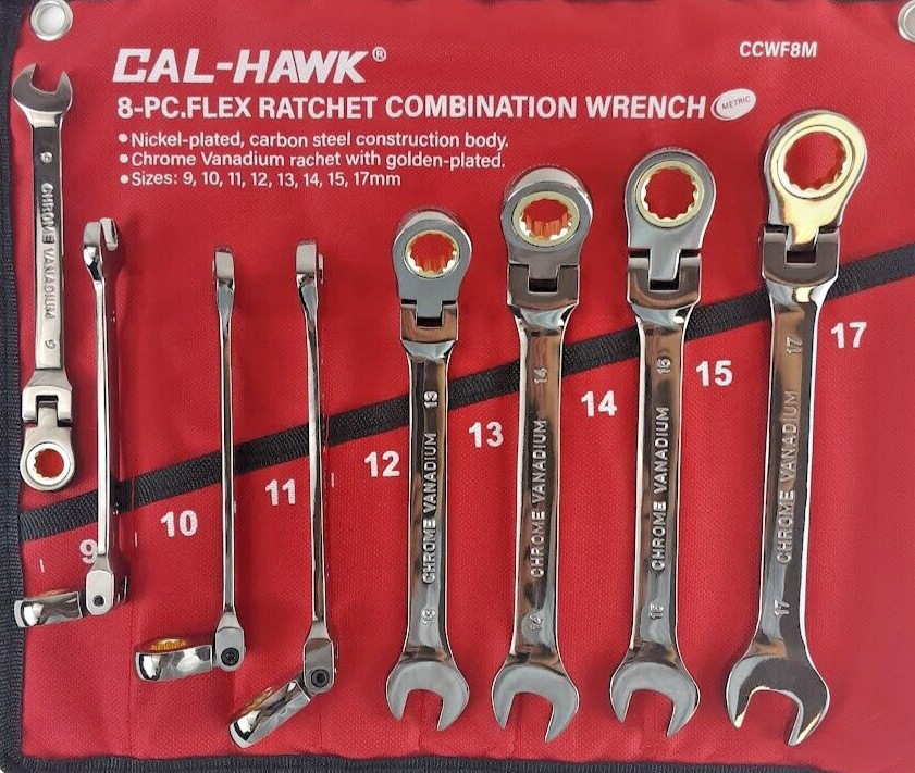 16PC FLEX HEAD RATCHET OPEN END COMBINATION WRENCH CR-V NI-PLATED METRIC+SAE SET
