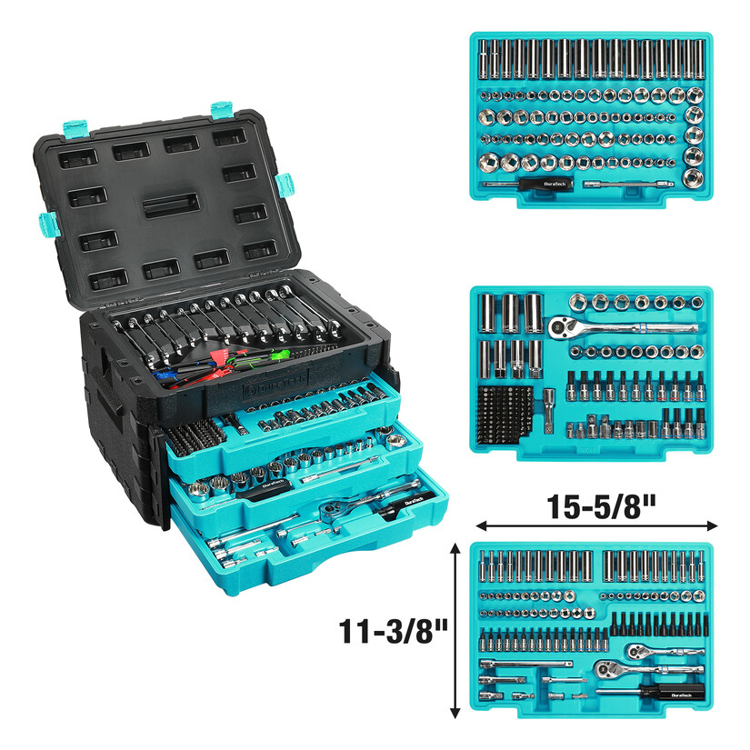 DURATECH 497 Piece Mechanics Tool Set Socket Wrenches SAE Metric W/3 Drawer Case