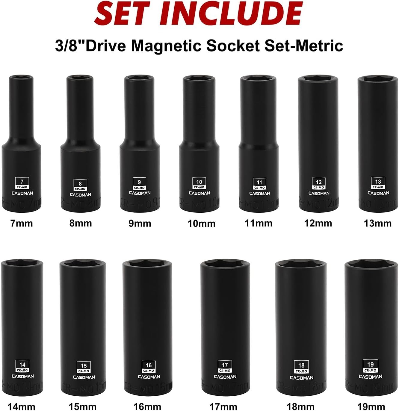 13PCS 3/8″Drive Magnetic Impact Socket Set, Deep, 6-Point, Metric, 7mm to 19m…