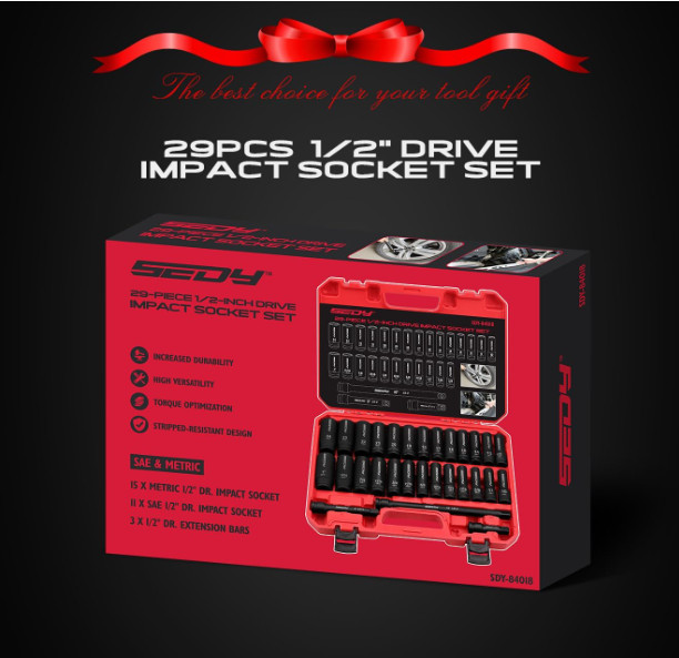 29-Piece 1/2″ Drive Impact Socket Set, SAE & Metric with Extension Bars