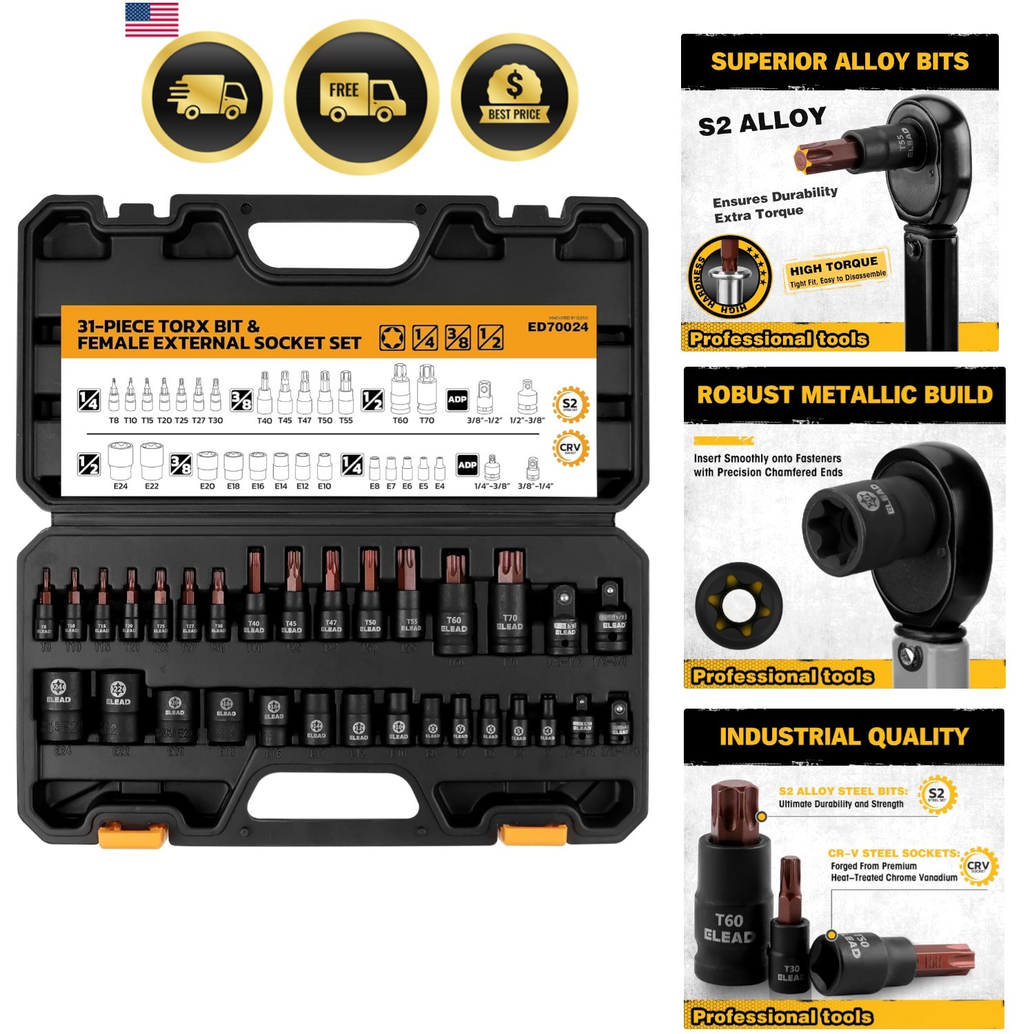 31-Piece Torx Bit Socket Set: 14 Star Bits T8-T70 & 13 E-Torx Sockets E4-E24,…