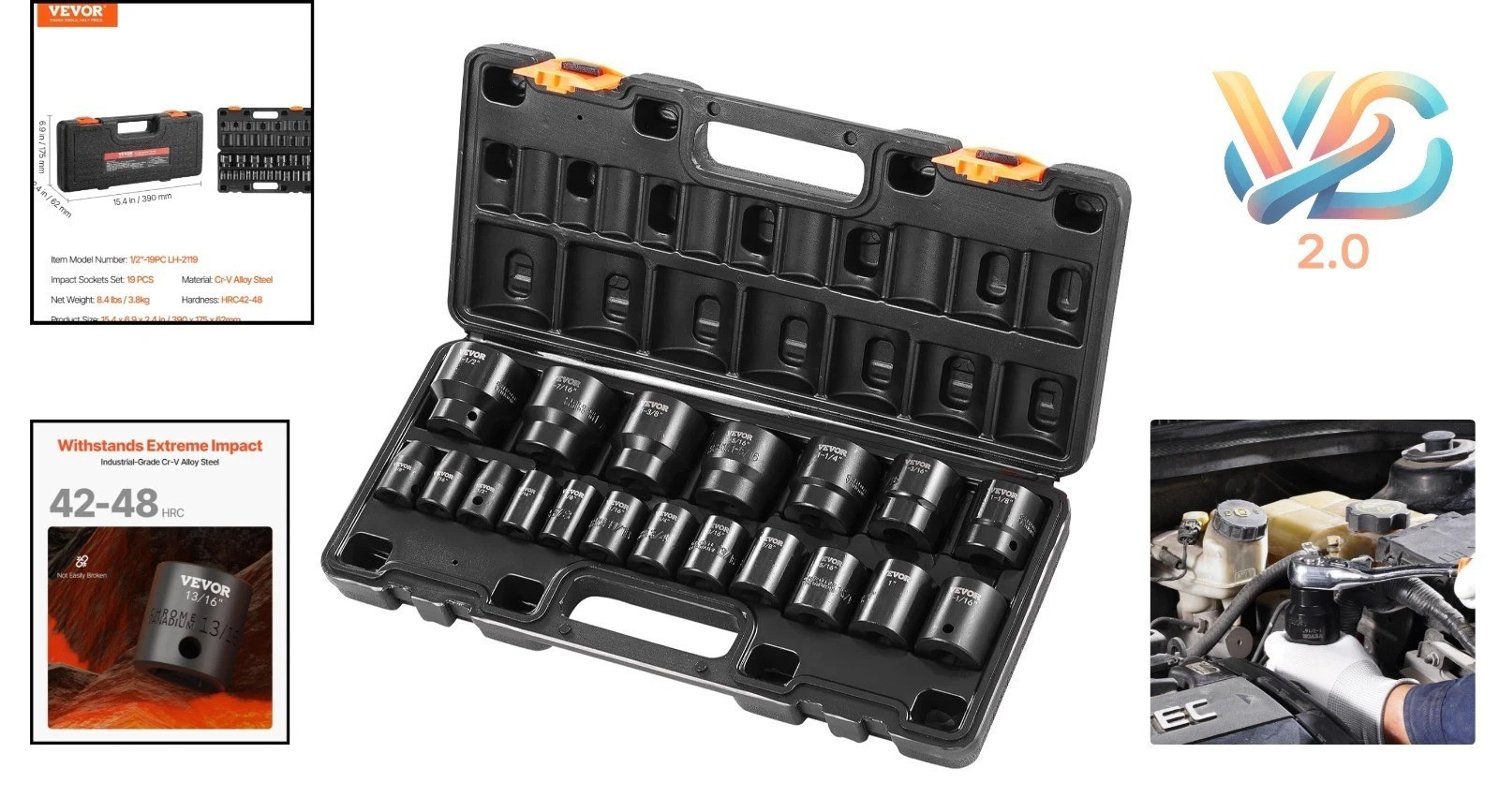Vevor Impact Socket Set 1/2 Inches 19 Piece SAE Hex Impact Sockets