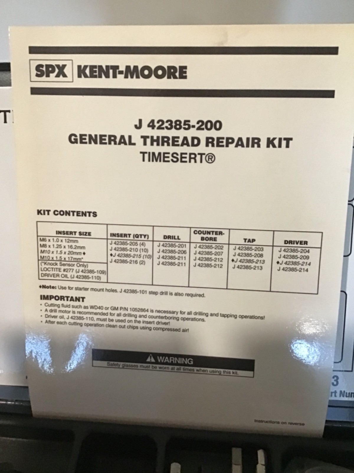 J 42385-200 Kent Moore Metric heli coil thread repair kit