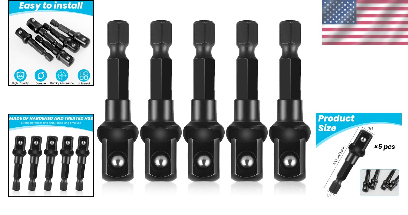 3/8 Adapter For Impact Driver 5pcs Black Drill Socket Adapter 1/4 Inch To 3/8…