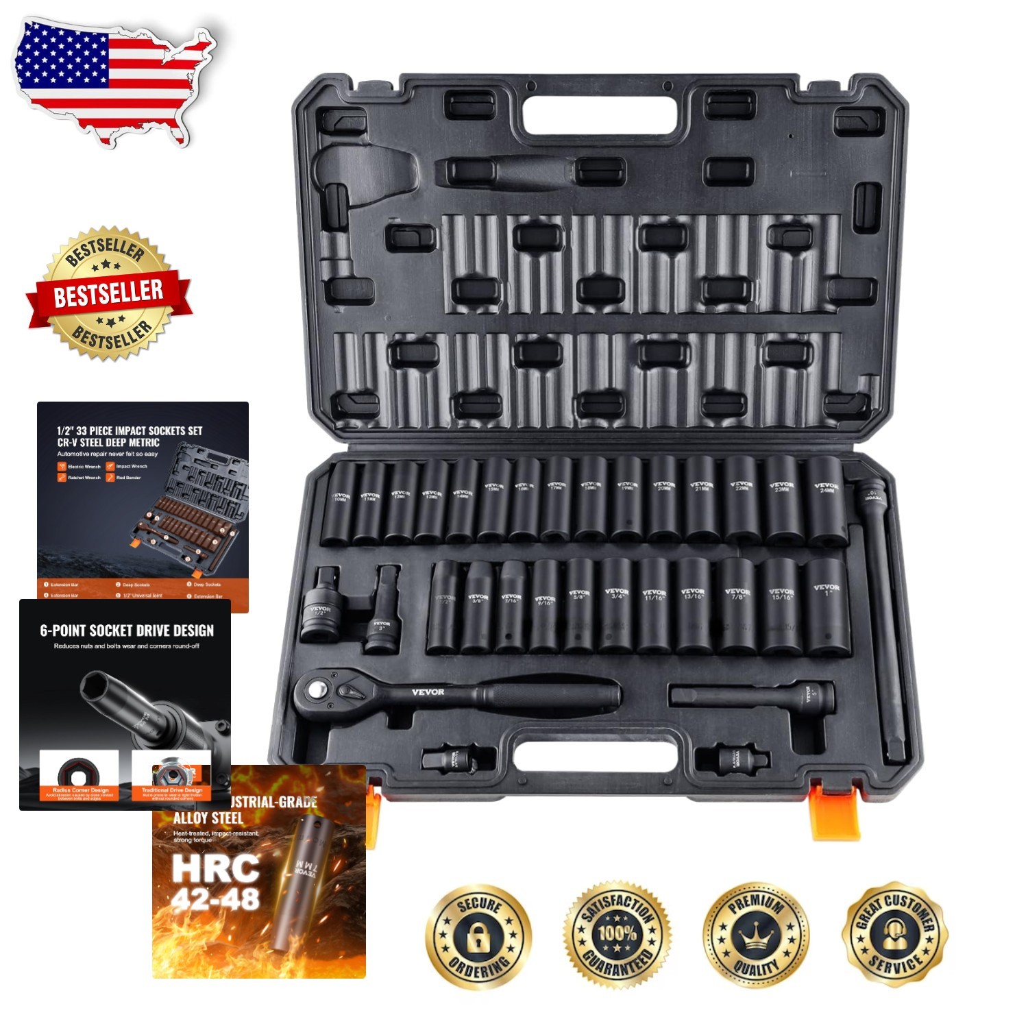 Durable 1/2″ 33pc Impact Socket Set: Laser Etched Cr-V, SAE Metric, High Torque