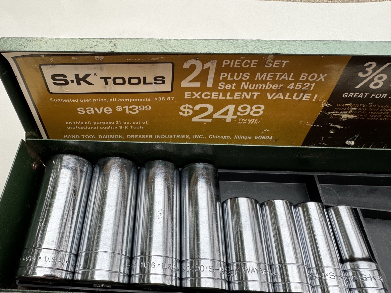 Vintage S-K / S-K Wayne 3/8 Drive Ratchet Socket Set #4521 SAE USA Complete 21pc