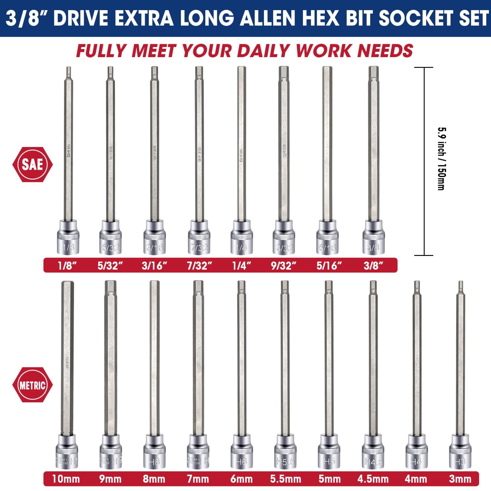 18piece 3/8 Inch Drive Extra Long Allen Hex Bit Socket Set Sae & Metric 1/83/8