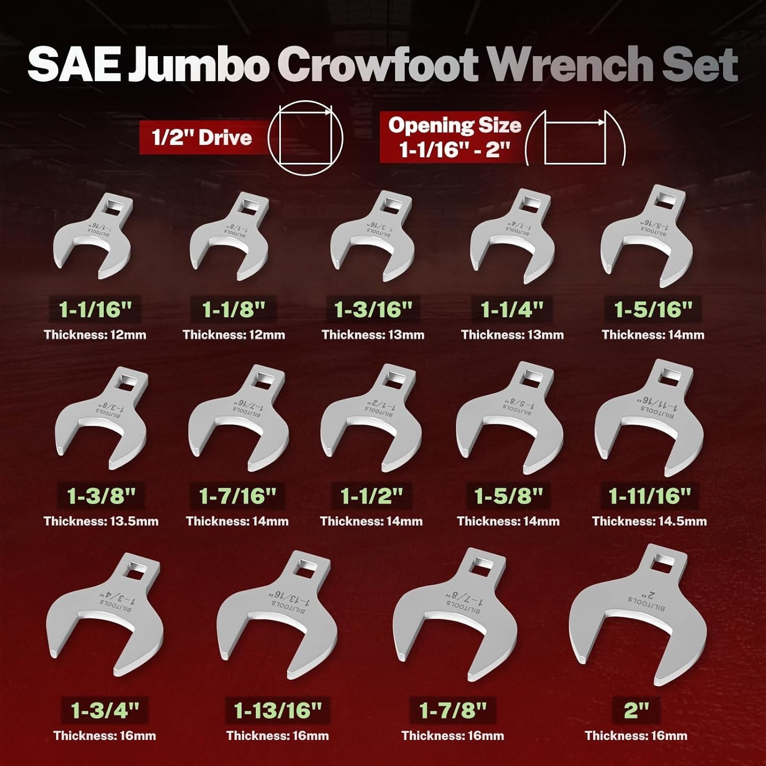 Heavy-Duty 1/2″ Drive Crowfoot Wrench Set, SAE, 1-1/16″ – 2″/-