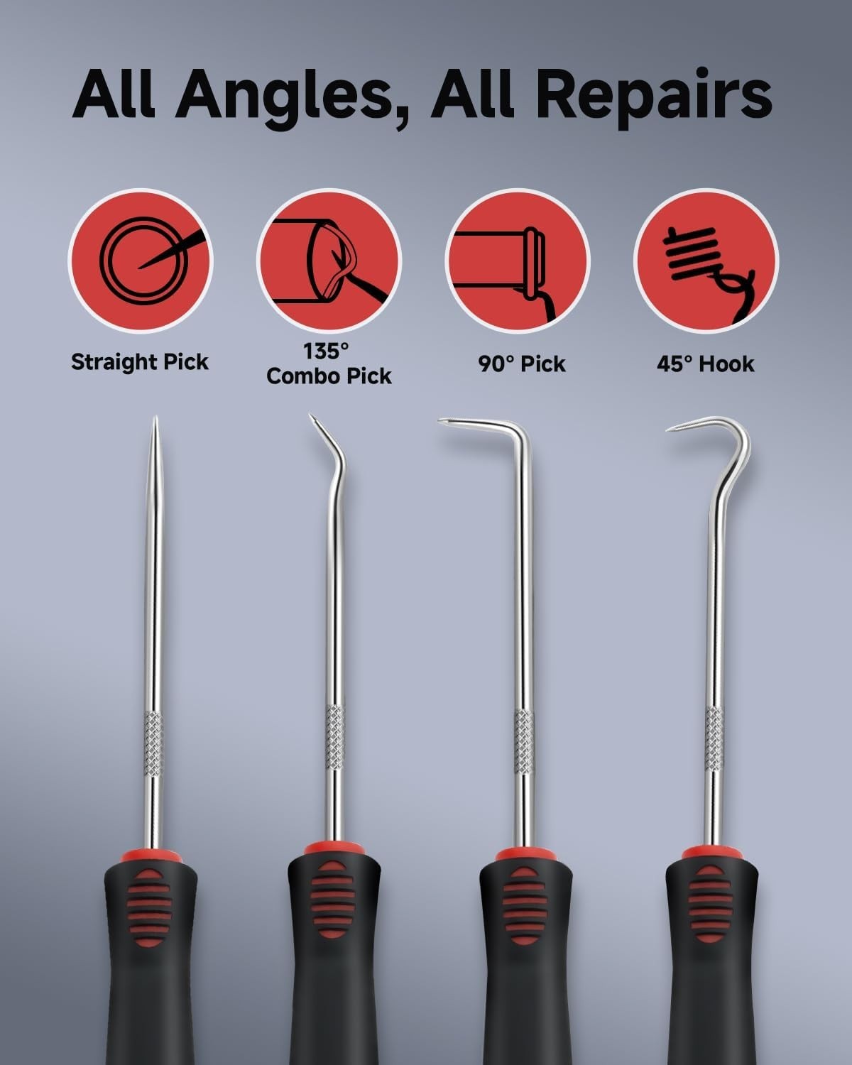 Hardened Steel 4-Piece Pick Set with Non-Slip Grip for O-Ring and Gasket Repair