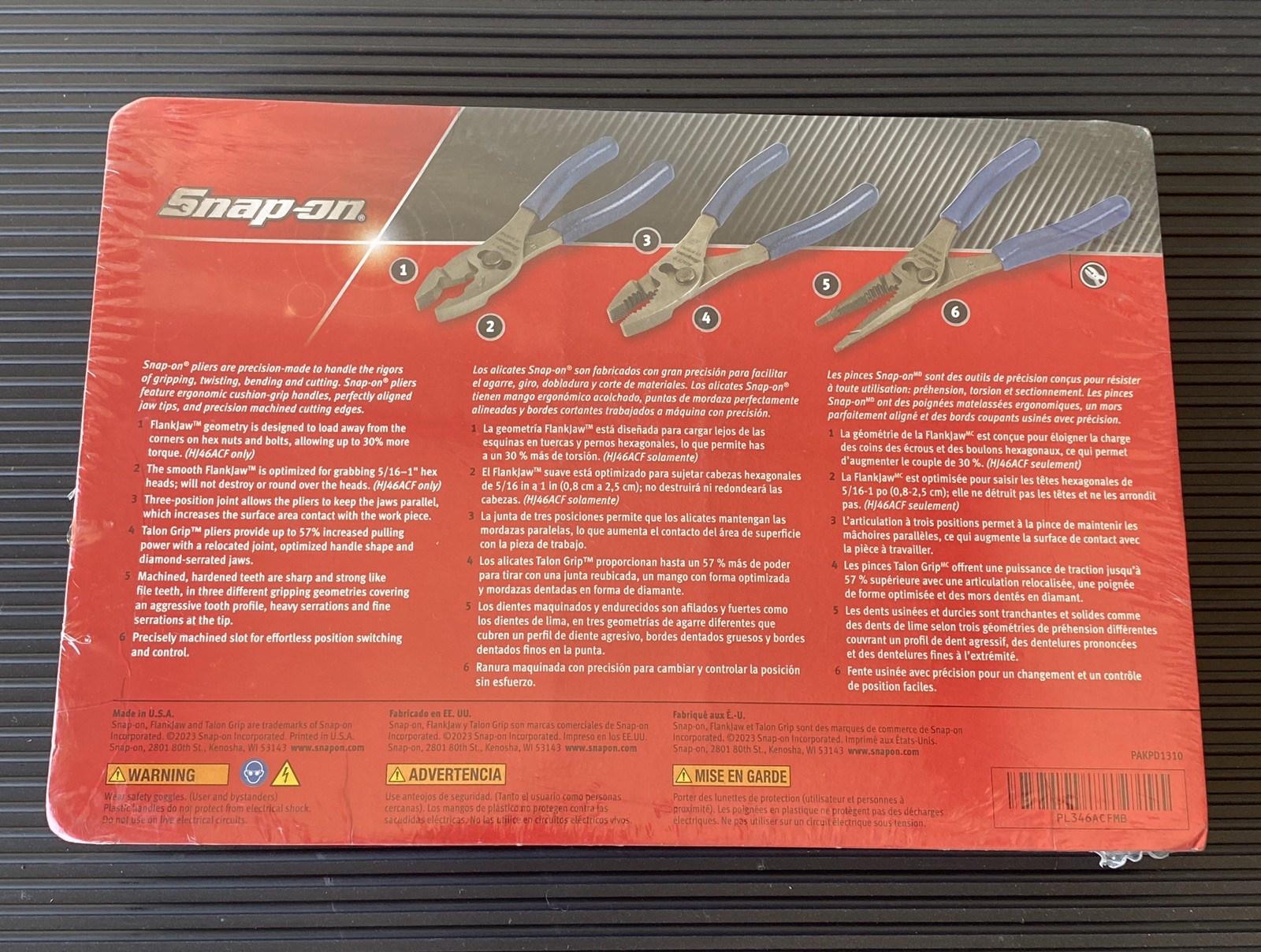 1-Dy Shp! New SEALED Blue Snap On PL346ACFMB 6in Talon Grip Slip Joint Plier Set