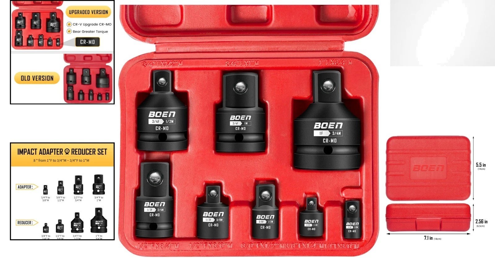 Durable 8-Piece Chrome Moly Impact Socket Adapter Set with Corrosion Resistance