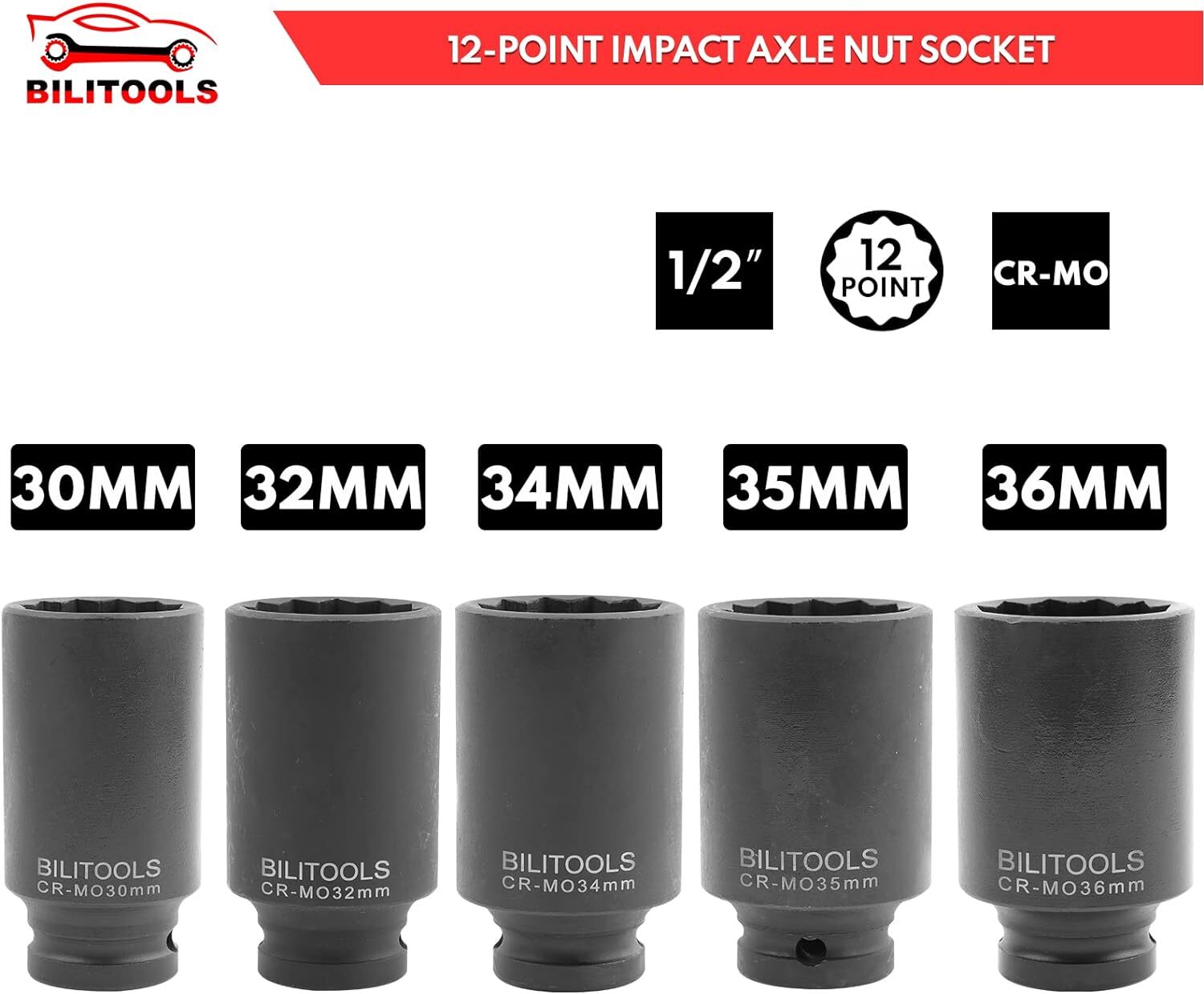 12 Point Axle Nut Socket Set, 1/2″ Drive Spindle Axle Nut Impact Deep Socket Set