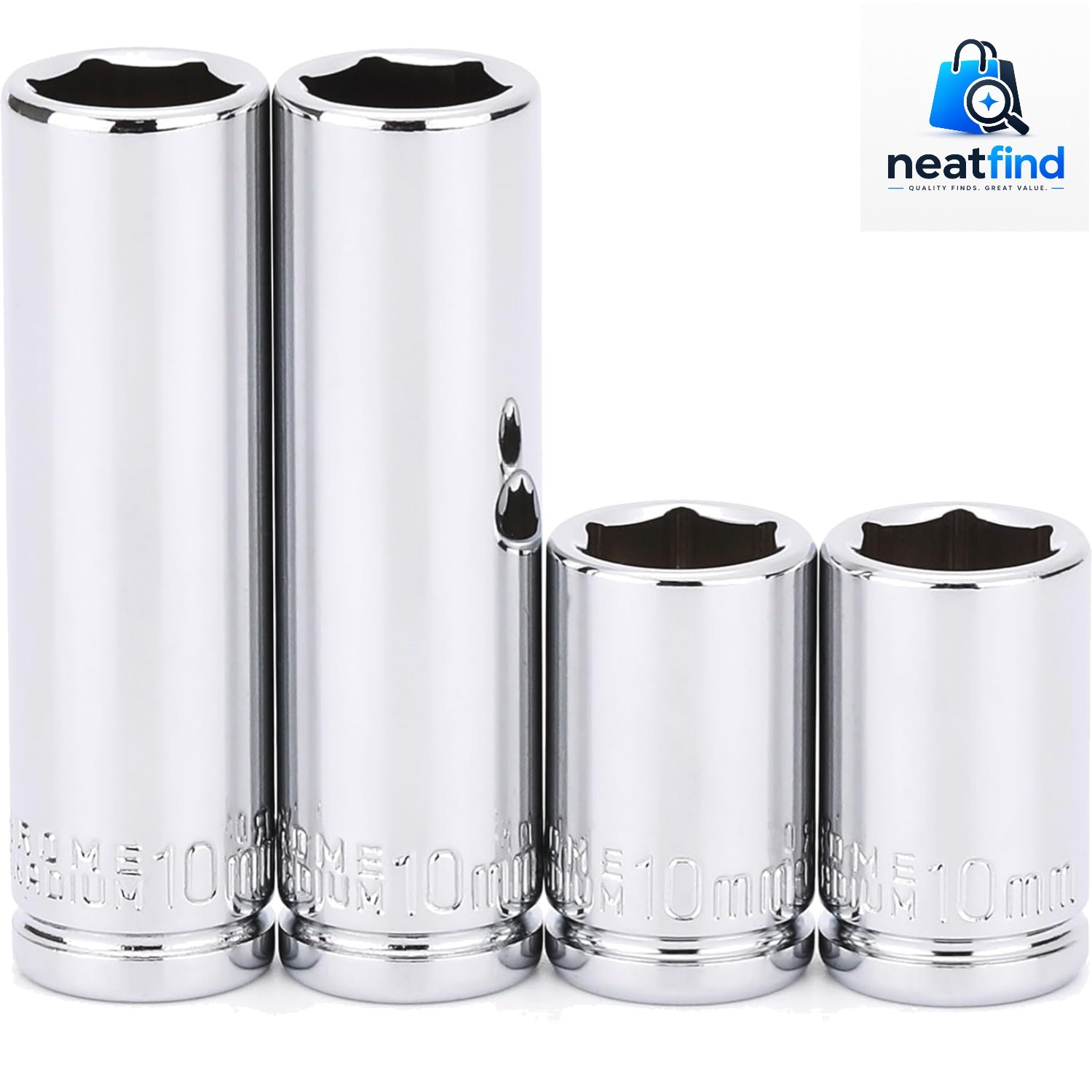 4PCS 1/4″Drive 10mm Deep&Shallow Socket, 6 Point, Cr-V Steel, 10mm