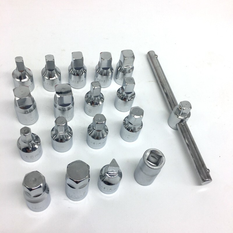 Oil Drain Pipe Plug Hexagon Square Socket Key Removal Tool Set 18Pcs 3/8»Drive
