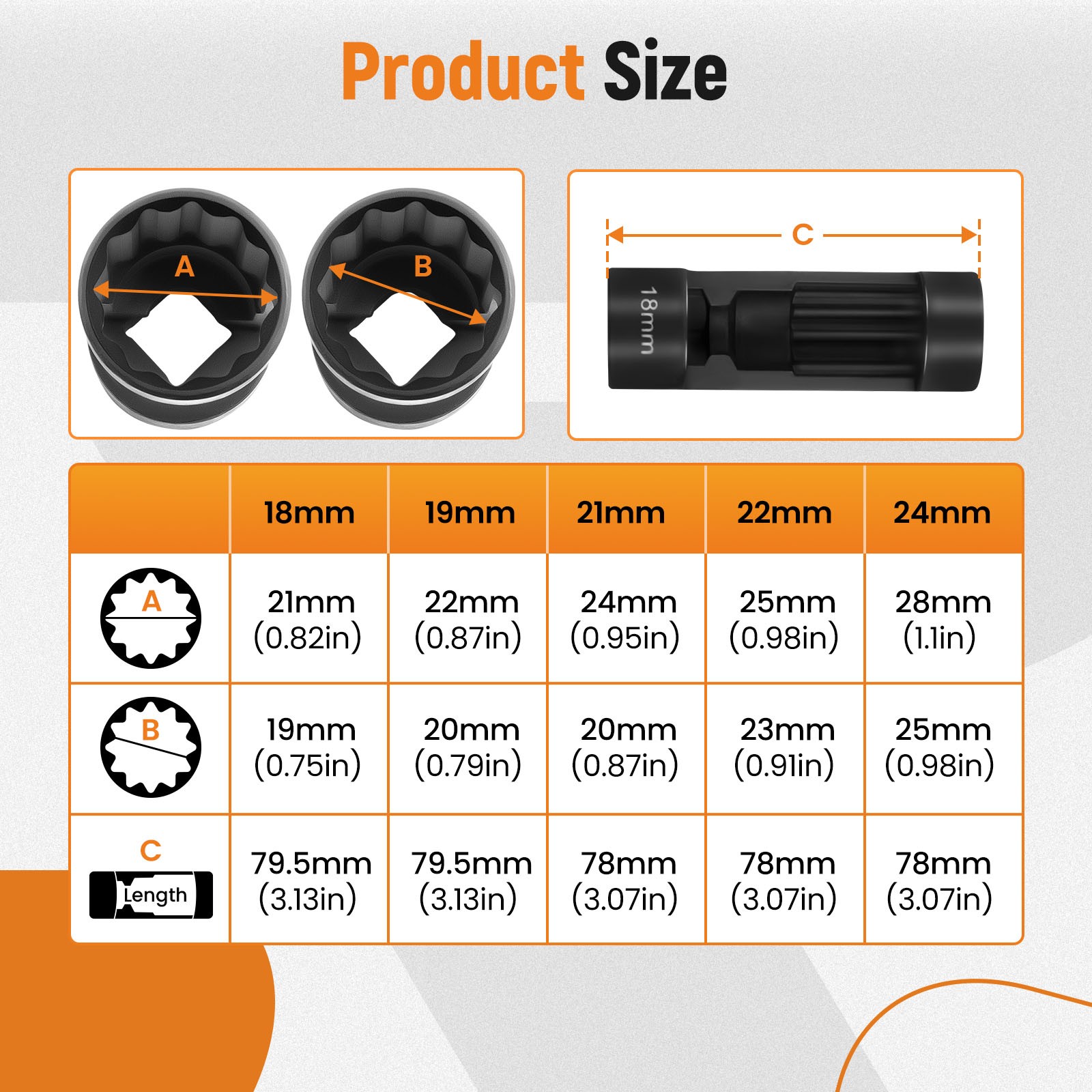 (5PCS) Strut Nut Socket 18mm 19mm 21mm 22mm 24mm w/ 12 Point 1/2″ Drive New