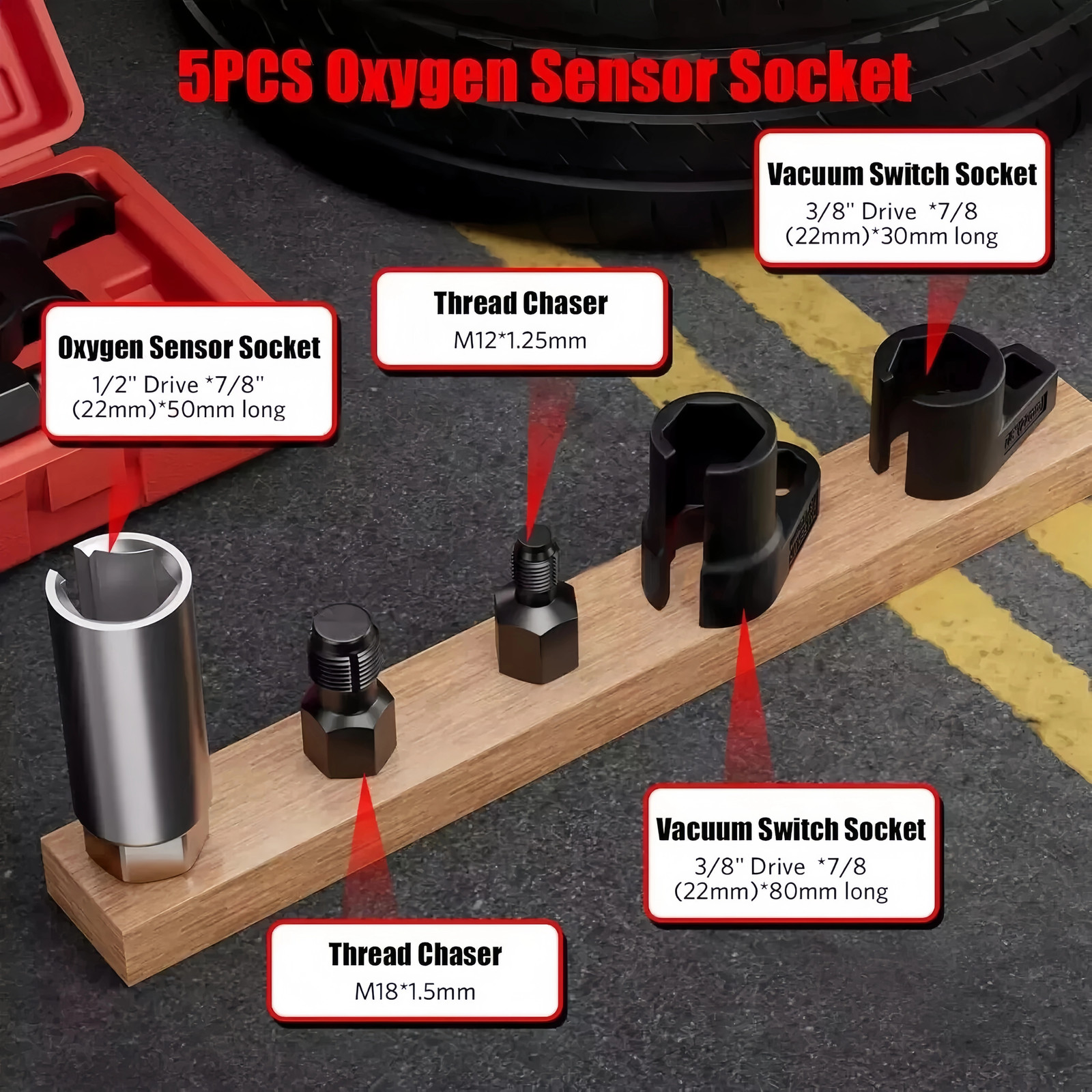 O2 Oxygen Sensor Socket Thread Chaser Set 5PCS O2 Sensor Wrench Removal Tool Kit