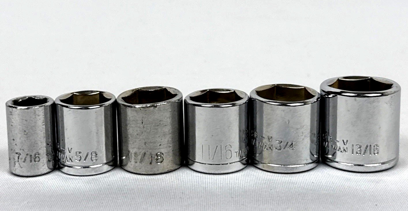 Vintage Chrome Vanadium 3/8”Drive 6 Point SAE Standard Sockets Lot Of 6