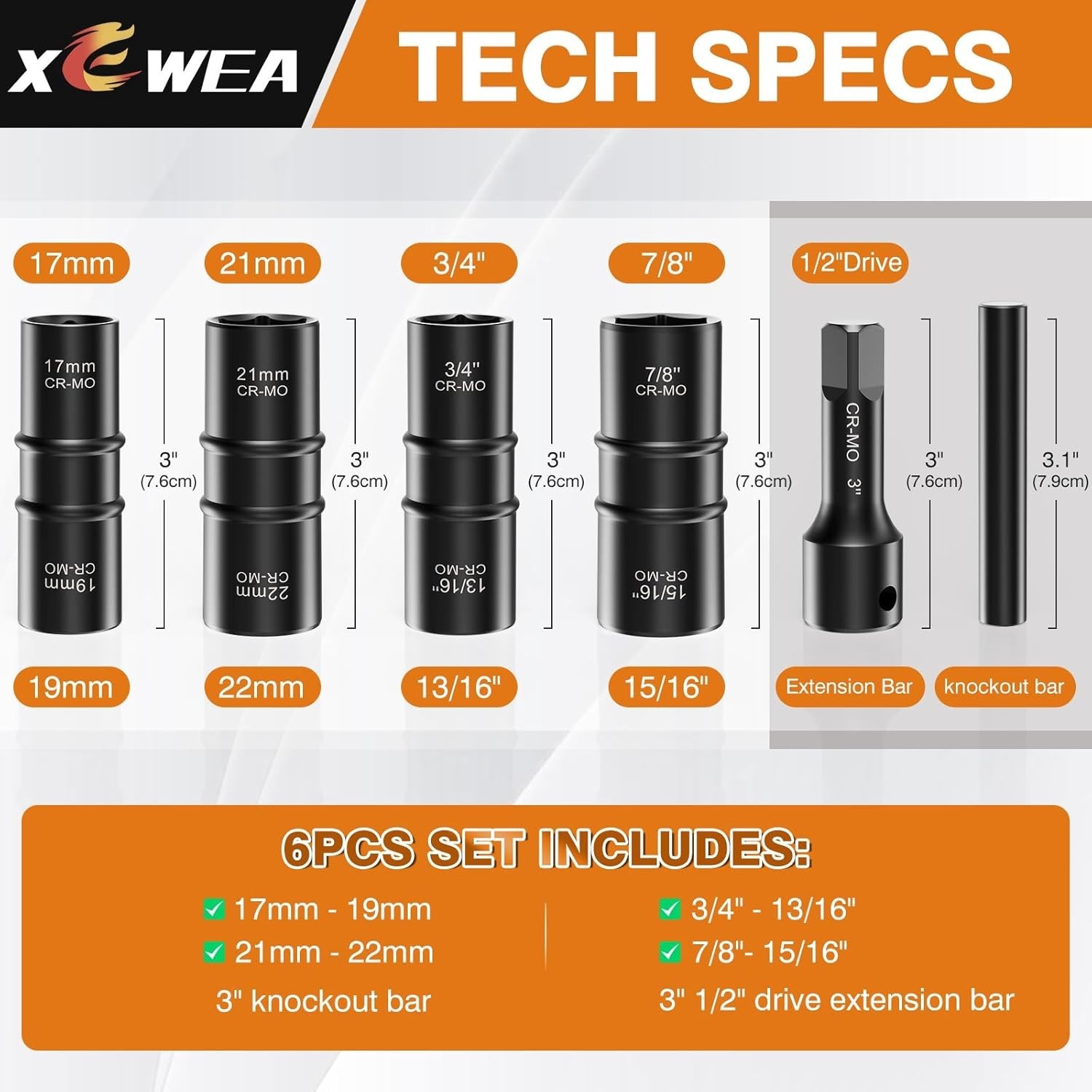 Chrome Vanadium 6PCS Lug Nut Impact Socket Set – Heavy-Duty Efficiency