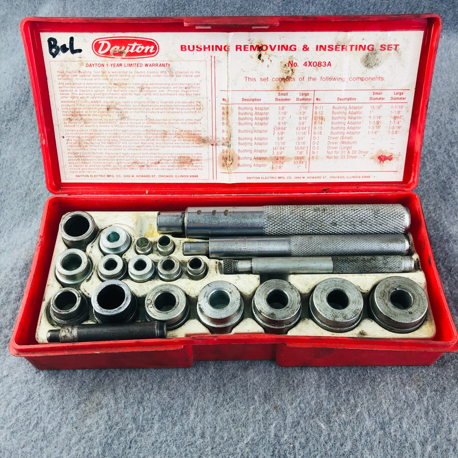 Dayton 4X083A Bushing Removing & Inserting Set w/ Case ~ Decent Used Condition