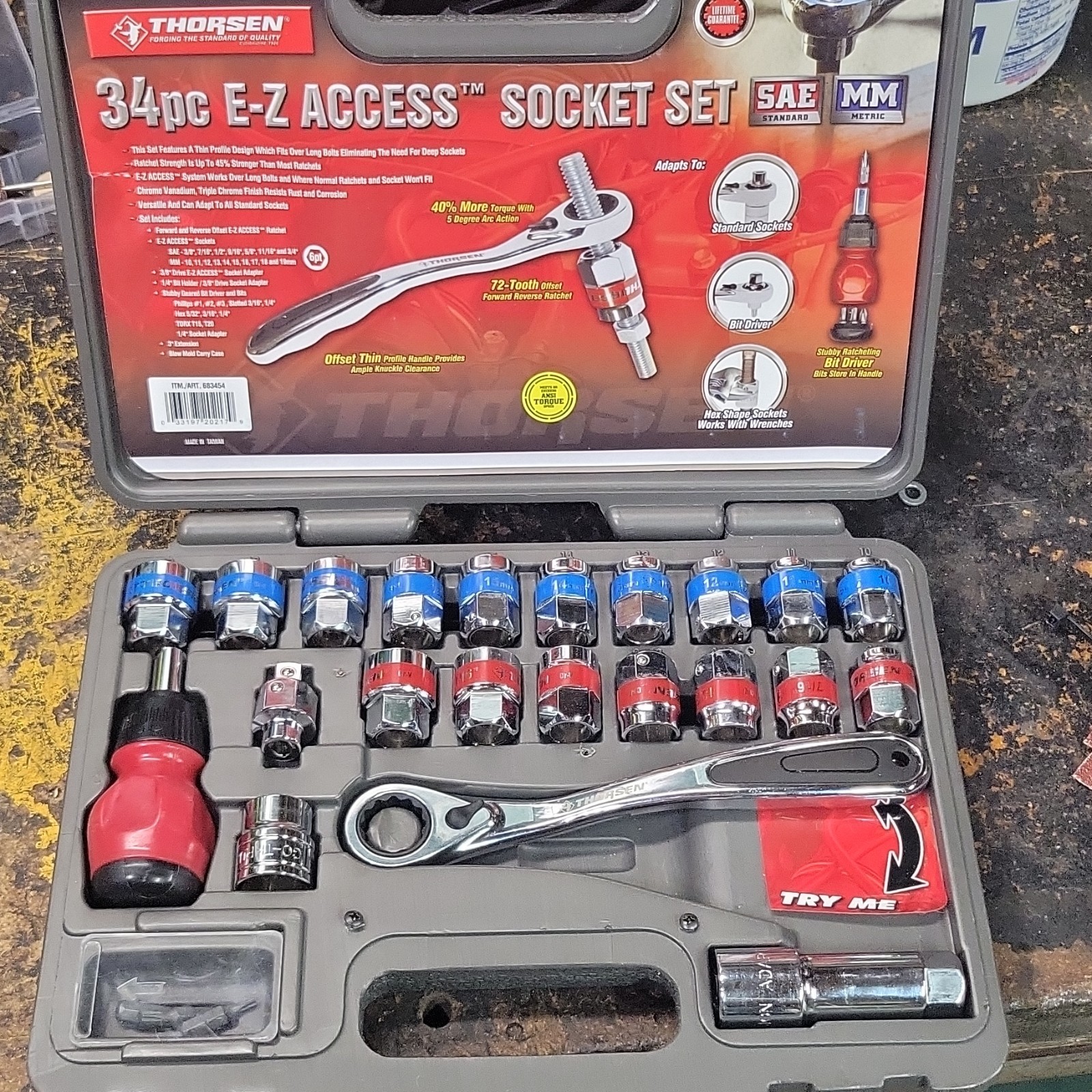 Brand New 34 PC E-Z Access Thorsen Socket Set. 1/4 Drive Made In USA